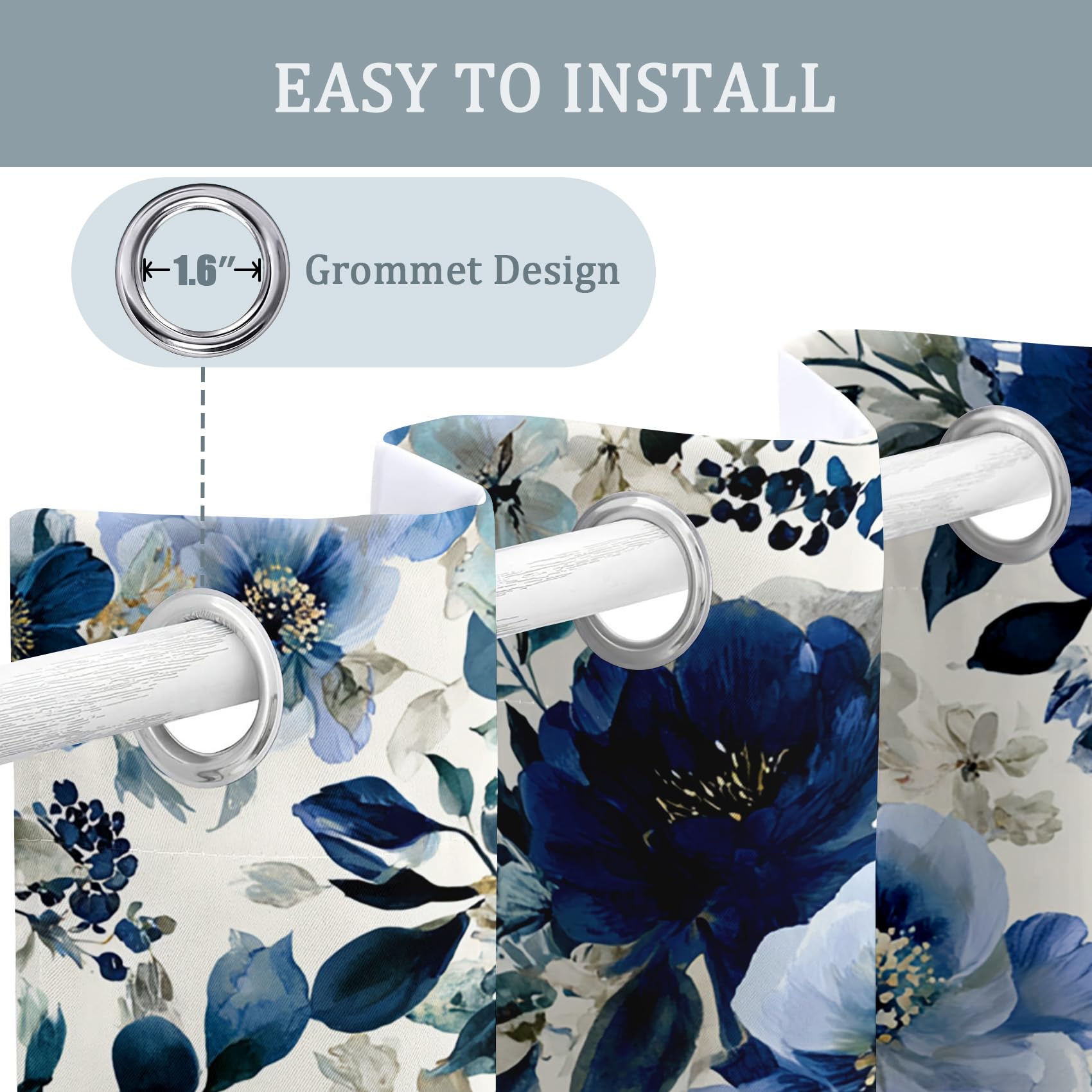 Generisch Blickdichte Vorhänge Aquarell Blume Muster, H 160 x B 140 2er Set - Blaue Blume Natur Fenster Gardinen mit Ösen, 160 cm Lang Curtains Wohnzimmer Schlafzimmer Deko S&ZA-85