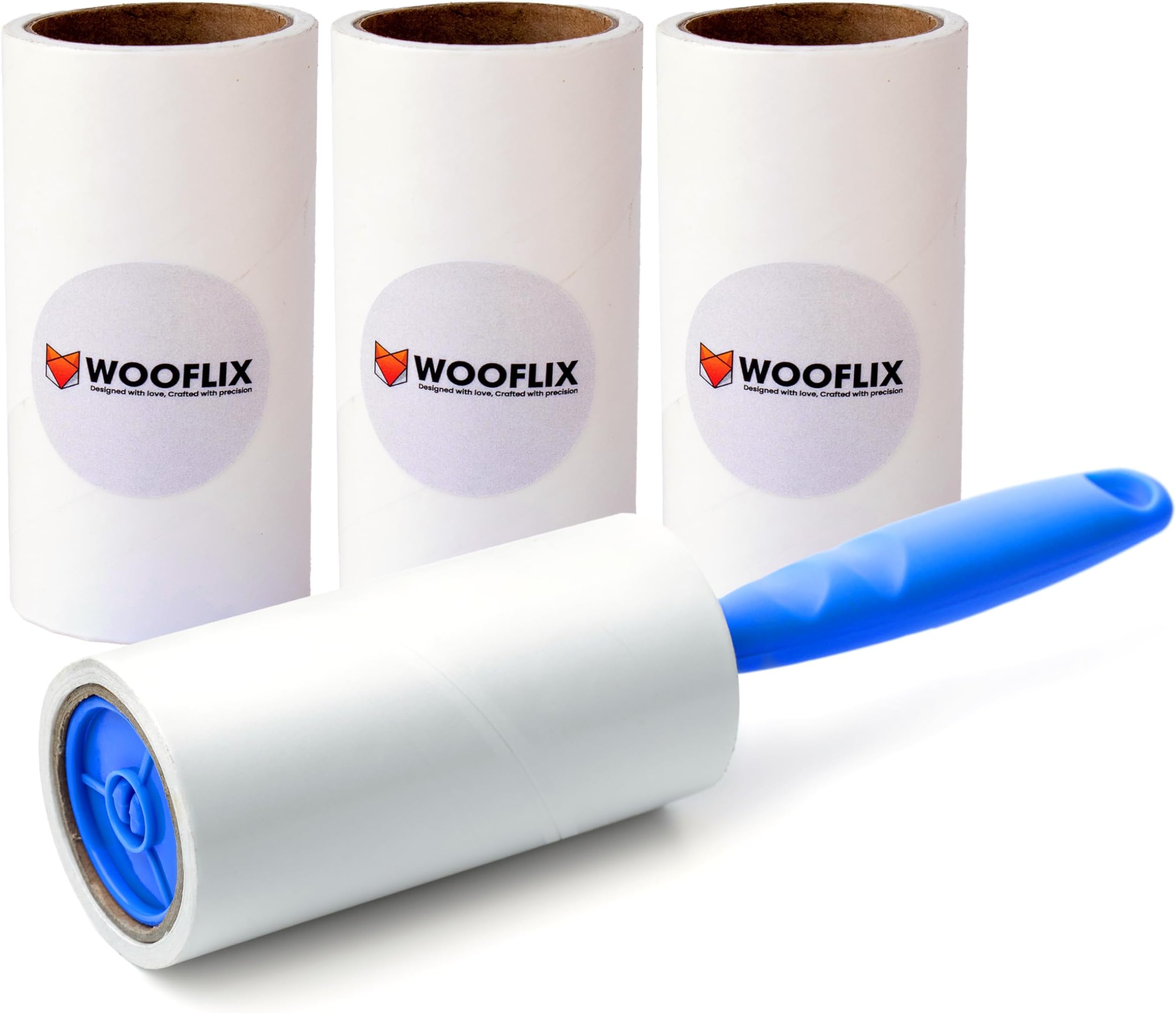 Wooflix Lint Remover with Handle, Protective Cover, and 2 Refills (120 Sheets) - Sticky Roller Brush for Clothes, Furniture, Carpet, Pet Fur, Dust, and Dirt (4 Refills 240 Sheets)