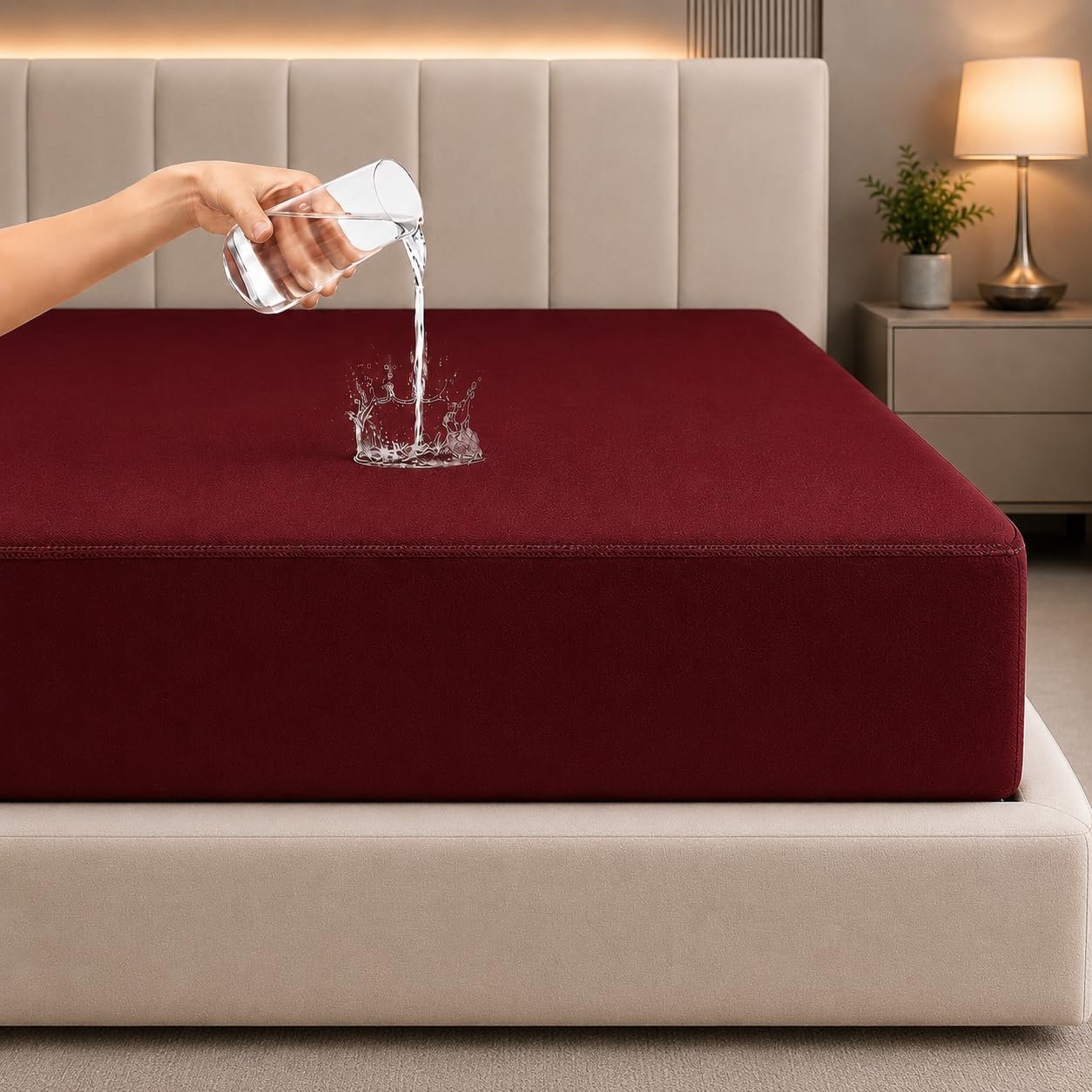 LA VERNE 100% Waterproof Premium Cotton Feel Mattress Protector King Size 78 x 72 Inches | Breathable and Hypoallergenic Ultra Soft Fitted Bed Protector Cover (Red)-image-9