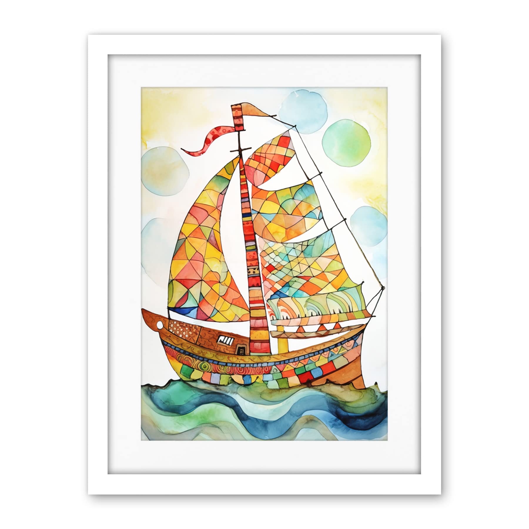 Artery8 Sailing Ship At Sunrise Folk Art Artwork Framed Wall Art Print 18X24 Inch