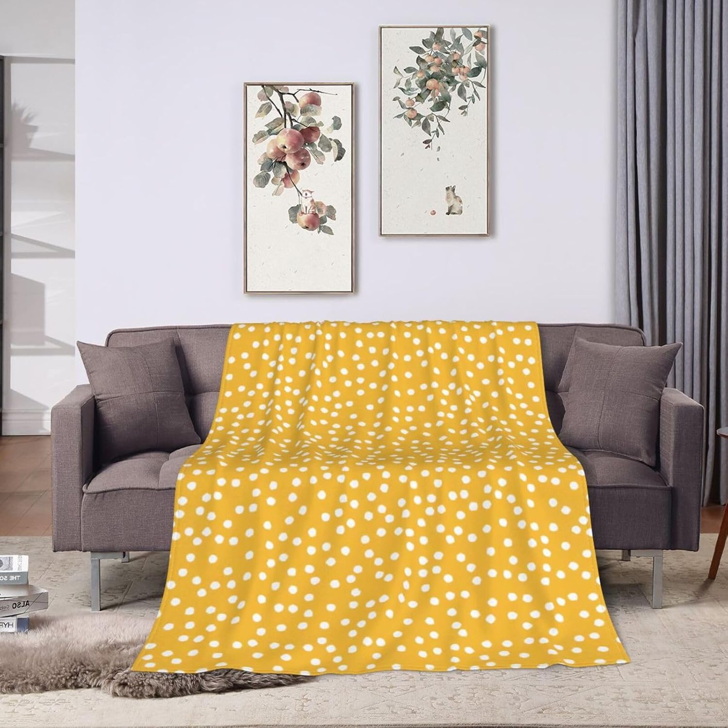Flannel Retro Mustard Yellow and White Polka Dot Throw Blanket- Ultra Soft Lightweight for Bed, Sofa, Travel & Camping 80"X60" Inch
