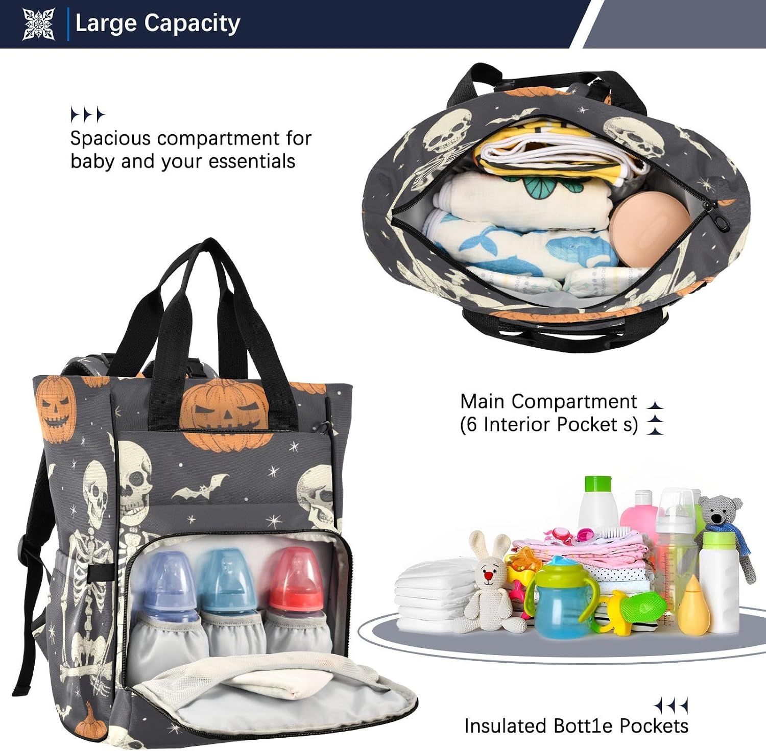 Diaper Bag Backpack, Halloween Skeleton Baby Diaper Bag - Waterproof Multifunction Travel Diaper Bag with Pacifier Case, Stroller Straps & Insulated Pocket - Unisex