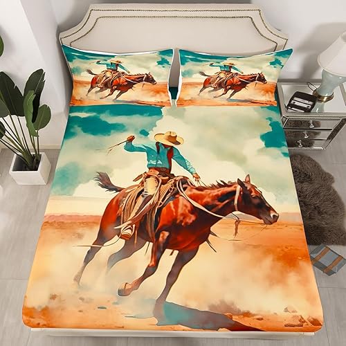 Miniatura 8 de Juego de sábanas de vaquero occidental, tamaño King, juego de sábanas rústicas de vaquero de granja, sábanas de caballo al galope, sábana bajera