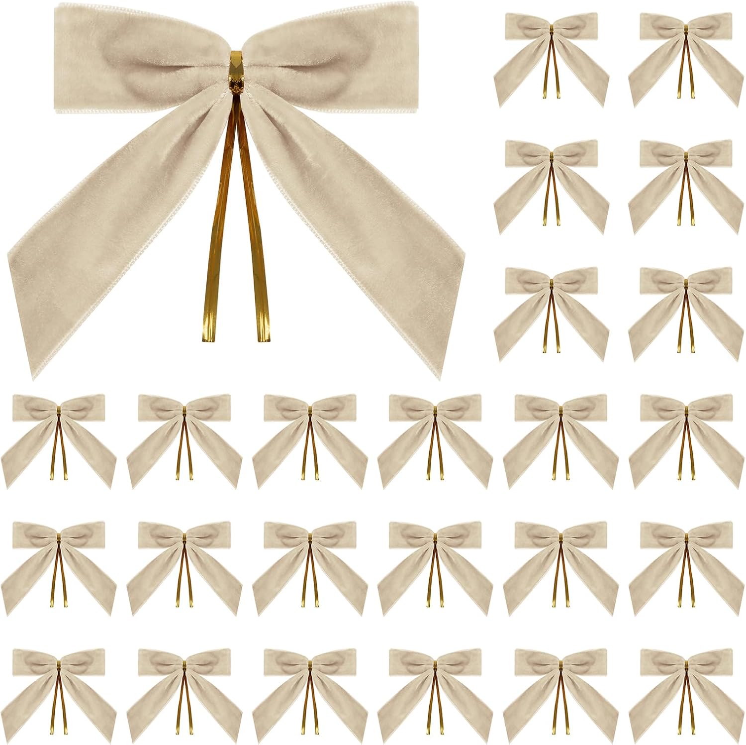 24 Pcs Champagne Small Velvet Christmas Bows for Christmas Tree, Wreath, Gift Wrapping, Crafts, Wedding, Party, Twist Tie Bows for Treat Bag Bakery Candy Bags, Home Decor 1" W,3.5 x 3.5 inch