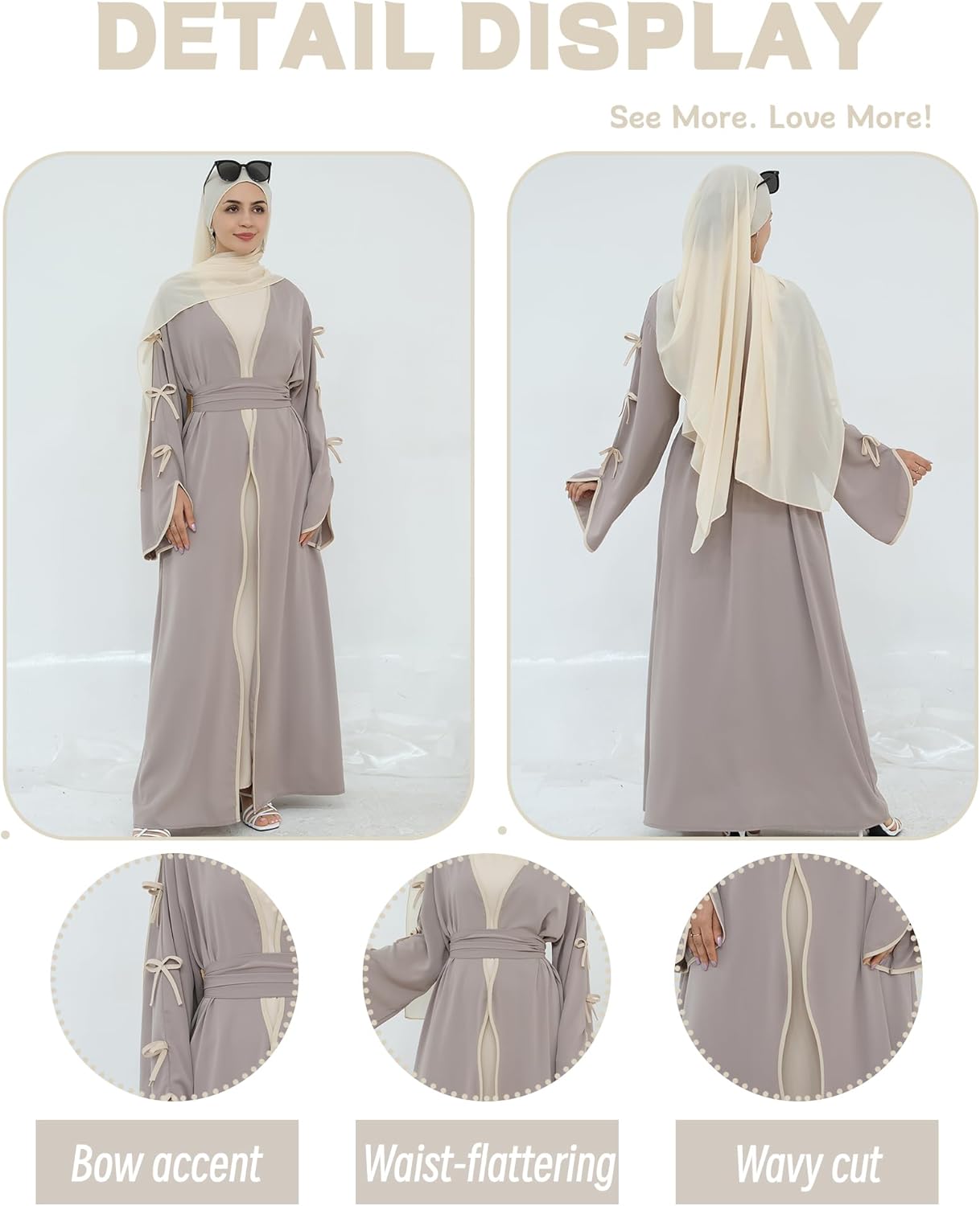 Elegant Flowy Muslim Cardigan Robe with Bow Accents Front Wave Design Abaya for Women Open Front Abaya with Belt - Image 2