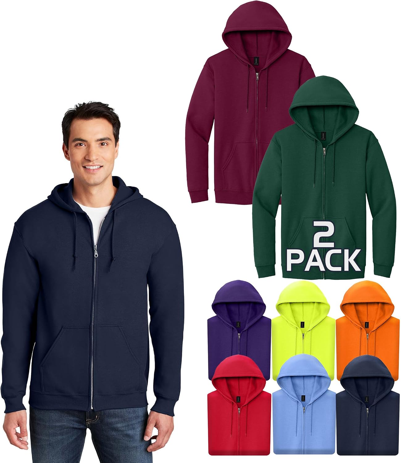Gildan Men's Full Zip Hooded Sweatshirt Multipack, 18600 Unisex, Heavy Blend Plain Hoodie Bundle Pack, Create Bulk Color Set