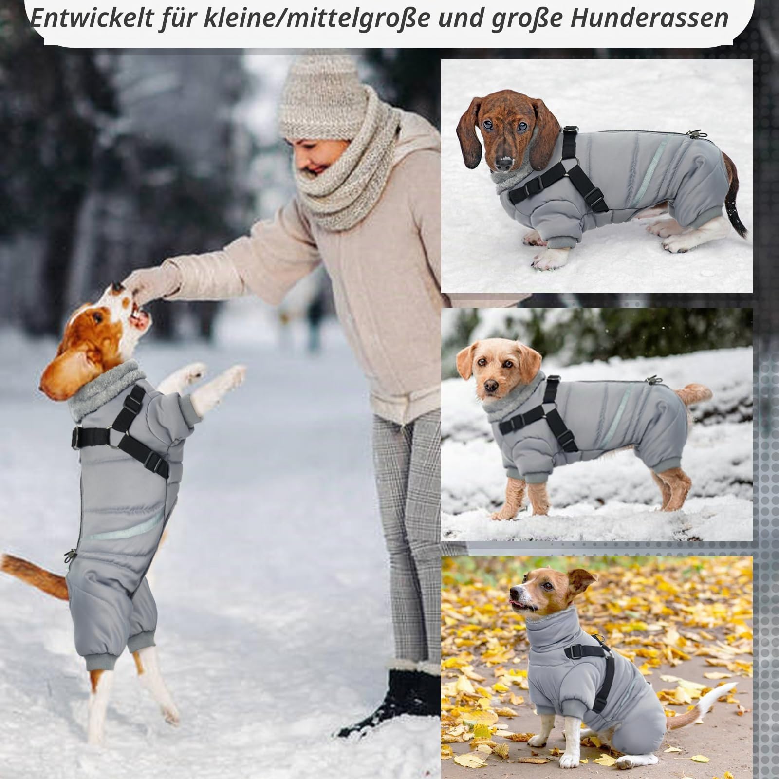 Wasserdichter Hundemantel, Hundejacke mit Geschirr, Wintermantel Hund für kleine Mittel Große Hunde, Winddichte Winterjacke Hund Outfit mit Reflektierender Streifen und Reißverschluss S-XL