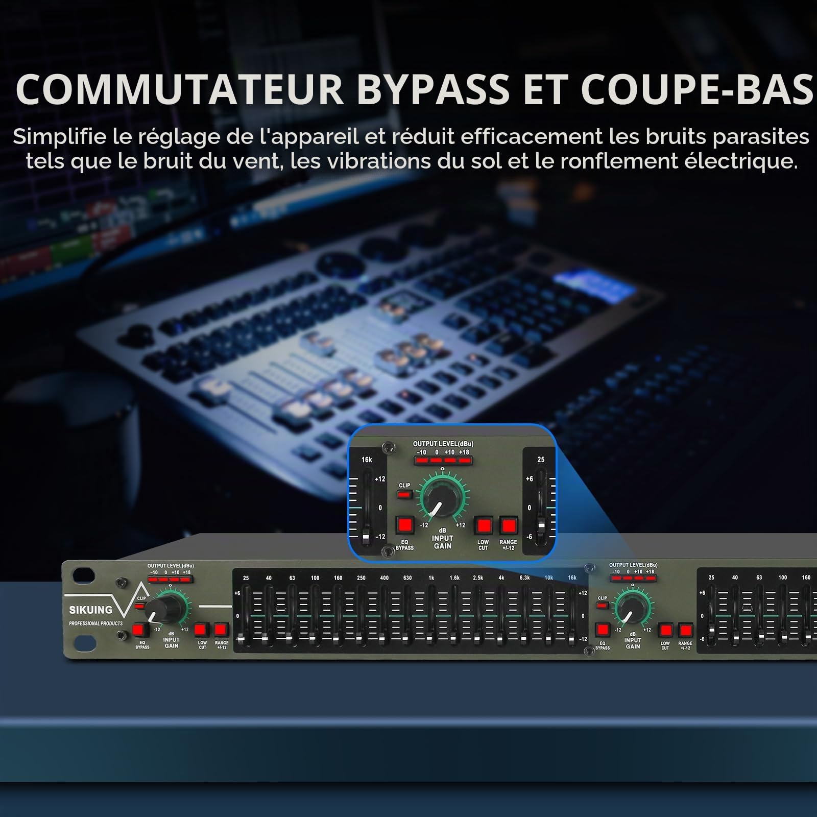 égaliseur graphique stéréo à 15 bandes, égaliseur 2 canaux professionnel pour DJ avec suppression du bruit pour home cinéma, fête, scène et studio (montable en rack) EQ-693