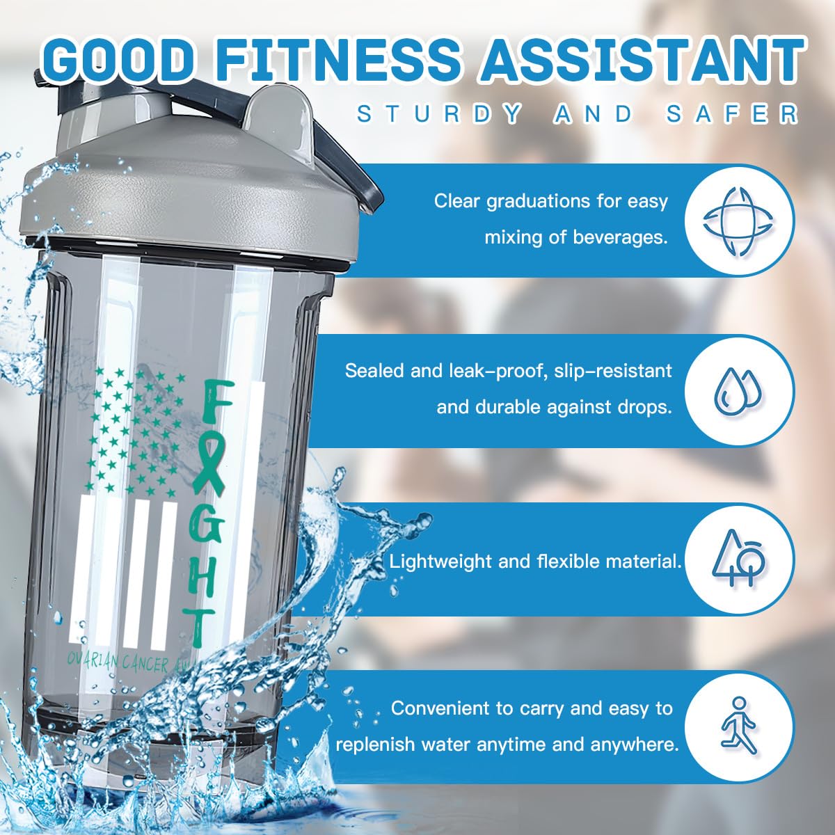 Breast Cancer Warrior Support Squad Ovarian Cancer Awareness 18 Ounce Shaker Bottle Drink Mixer Leak-proof Pre Workout Protein Shakes Meal Replacement Shakes Bottles 500ML/18 Oz Gray