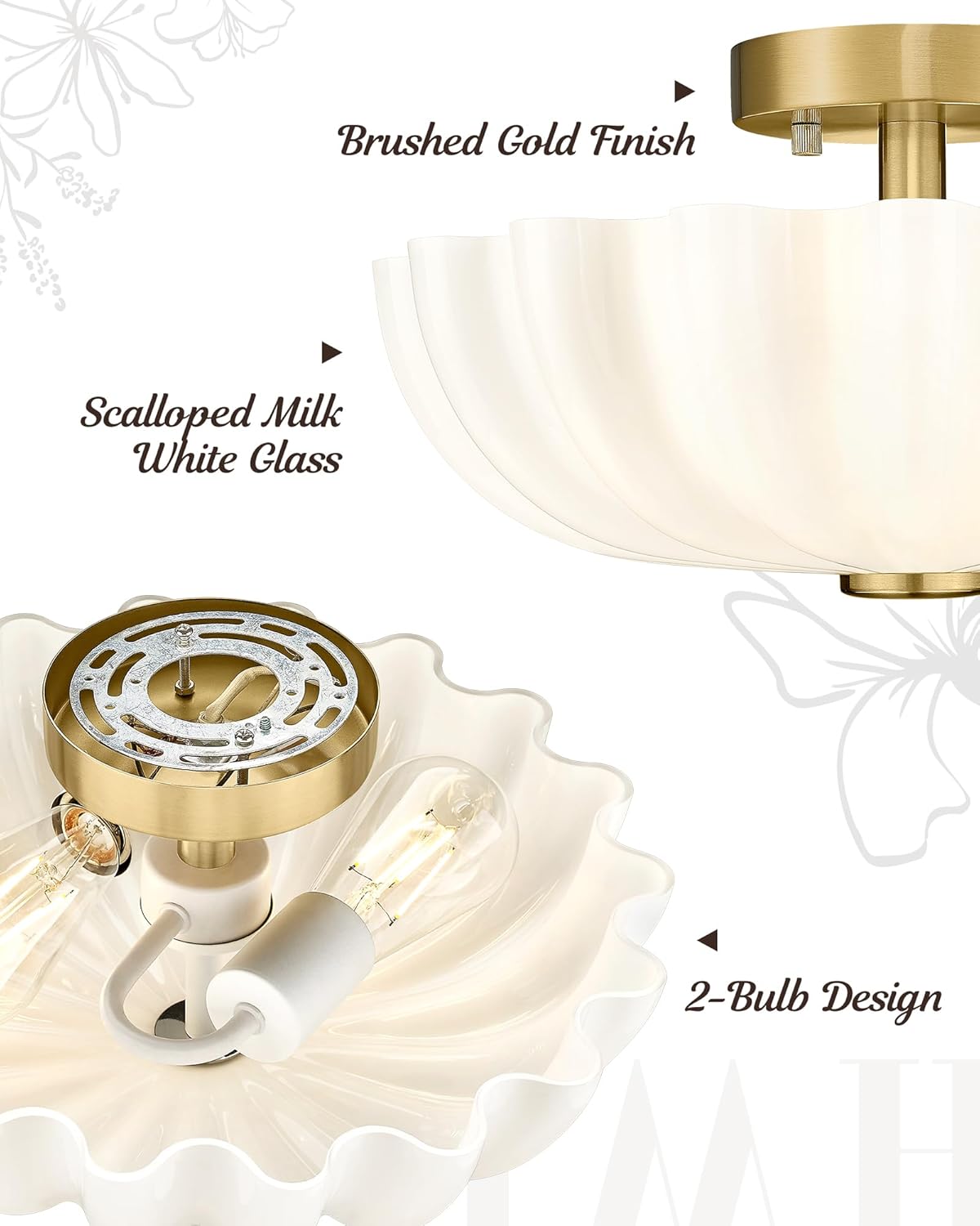 HWH INVESTMENT Semi Flush Mount Ceiling Light, 2-Light Modern Ceiling Light Fixture for Kitchen, 16 Inch Hallway Light Fixtures with Scalloped Milk White Glass, Brushed Gold Finish, 5HJX111F BG-MW