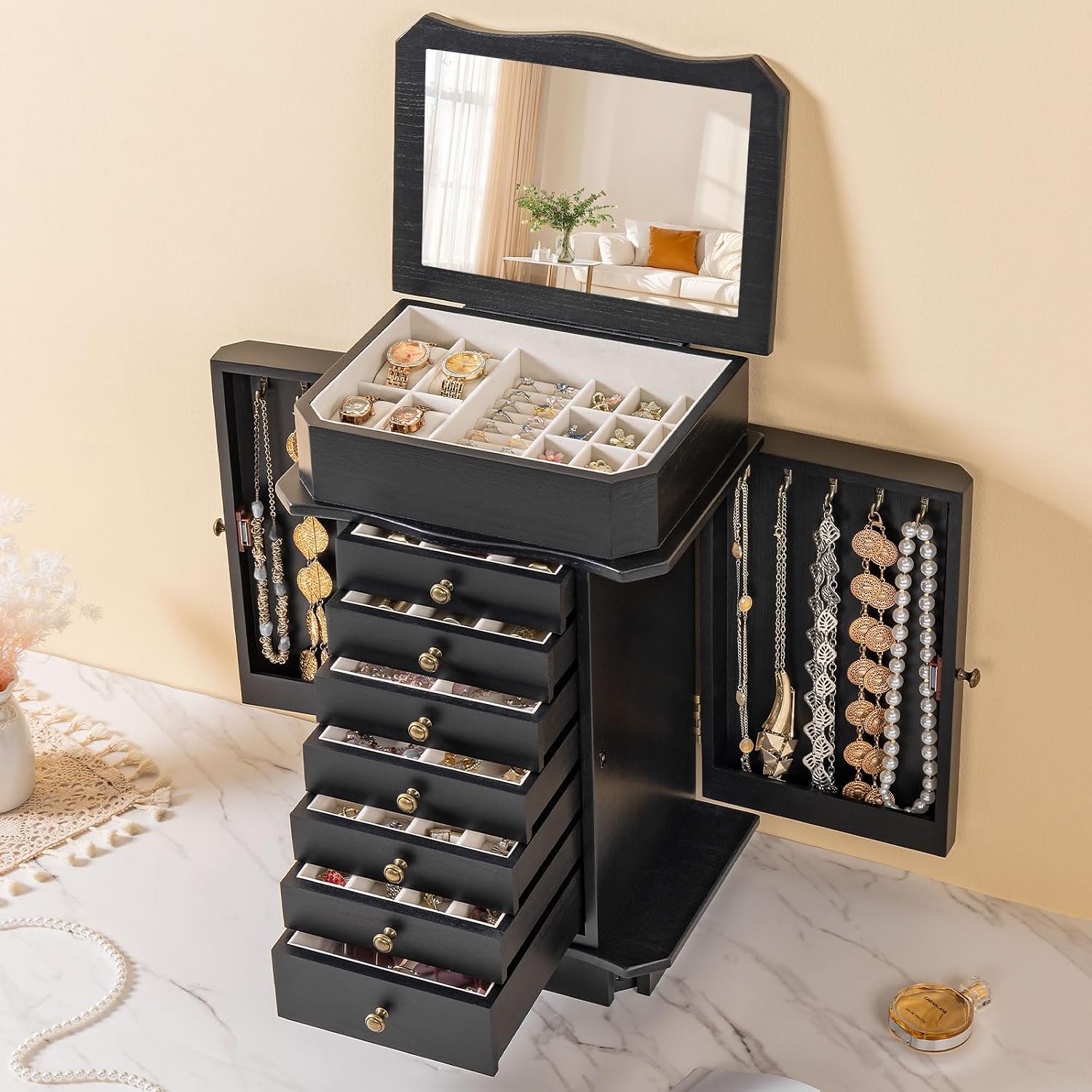 Standing Jewelry Armoire Cabinet, Large Freestanding Jewelry Organizer Box with Mirror, 7 Drawers & 2 Side Doors, Jewelry Chest for Rings Earrings Necklaces Bracelets Watches Glasses (Black)