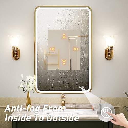 Miniatura 5 de FTOTI Espejo LED de tocador de baño de 24 x 36 pulgadas con luces, espejos iluminados para montar en la pared con marco de metal dorado que no se