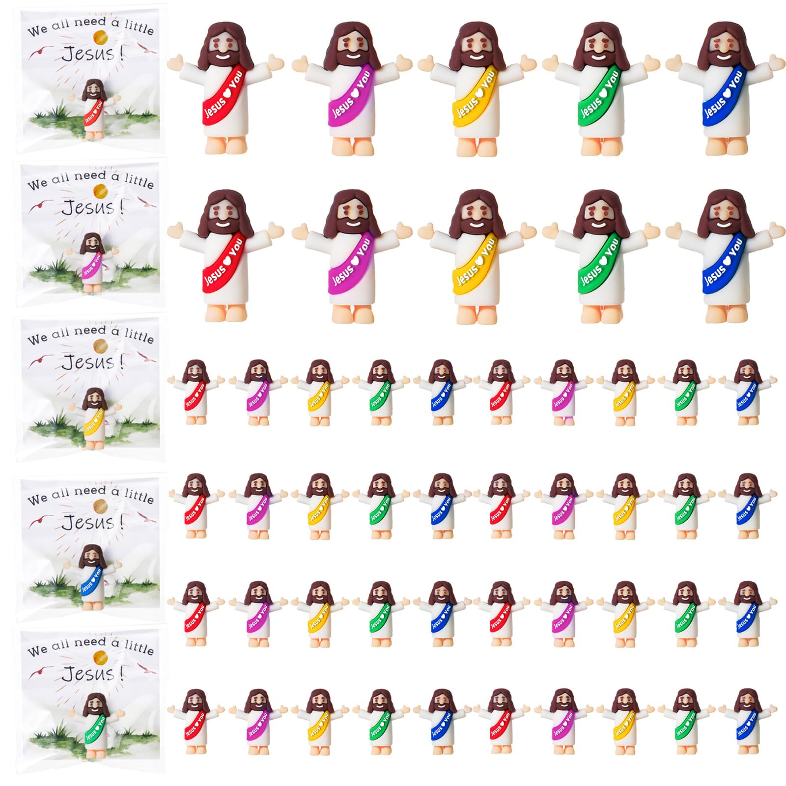 WGXX 50 Sets Little Jesus Figurines Bulk Mini Jesus Figurines Set with 50 Prayer Card 50 Bags Religious Party Favors, Church, Baptism Gifts Stuffers