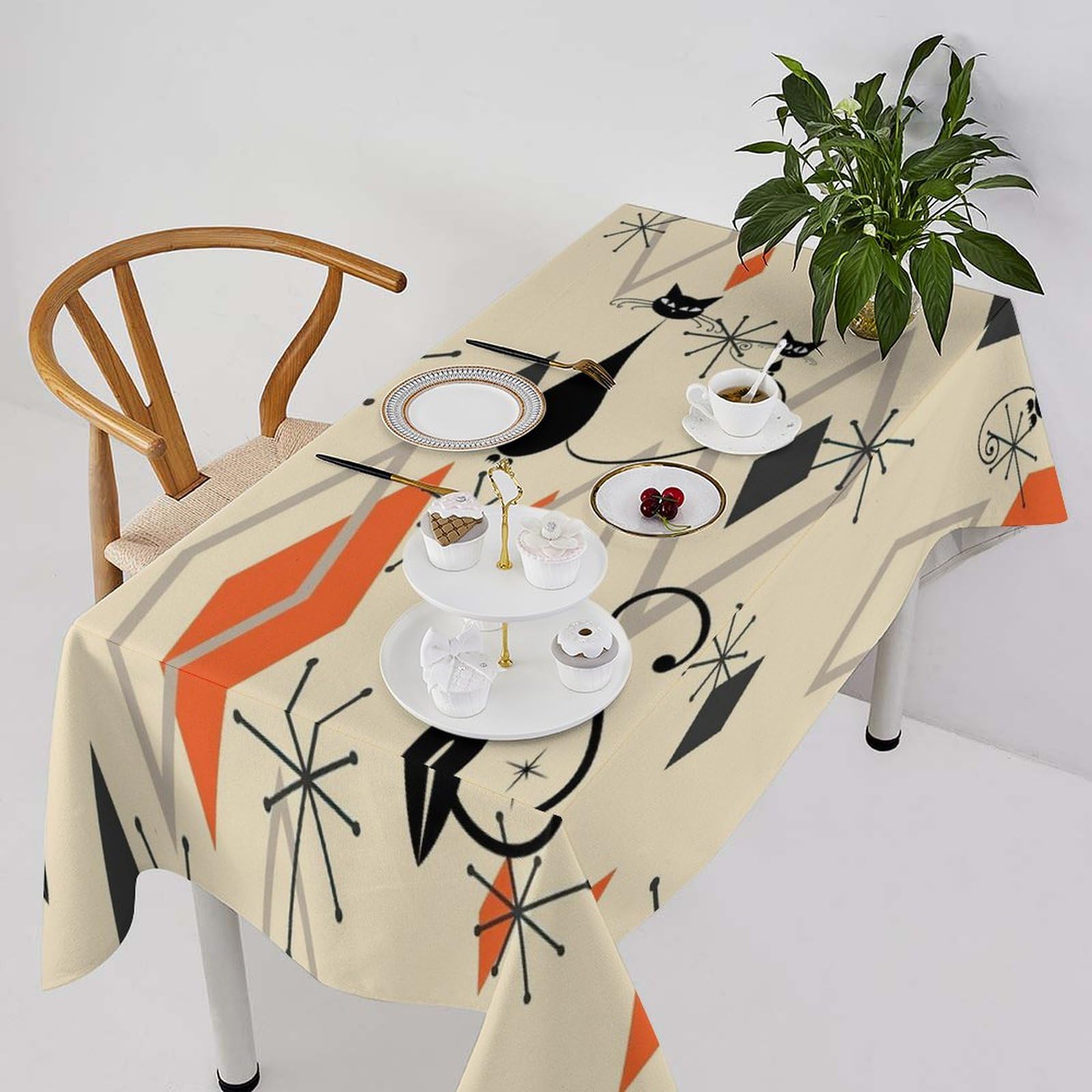 Mid Century Black Cat Rectangular 55x55Inch Tablecloth, 1950s Starburst Atomic Star Modern Abstract Geometric Logo Pattern for Dining Room Living Room