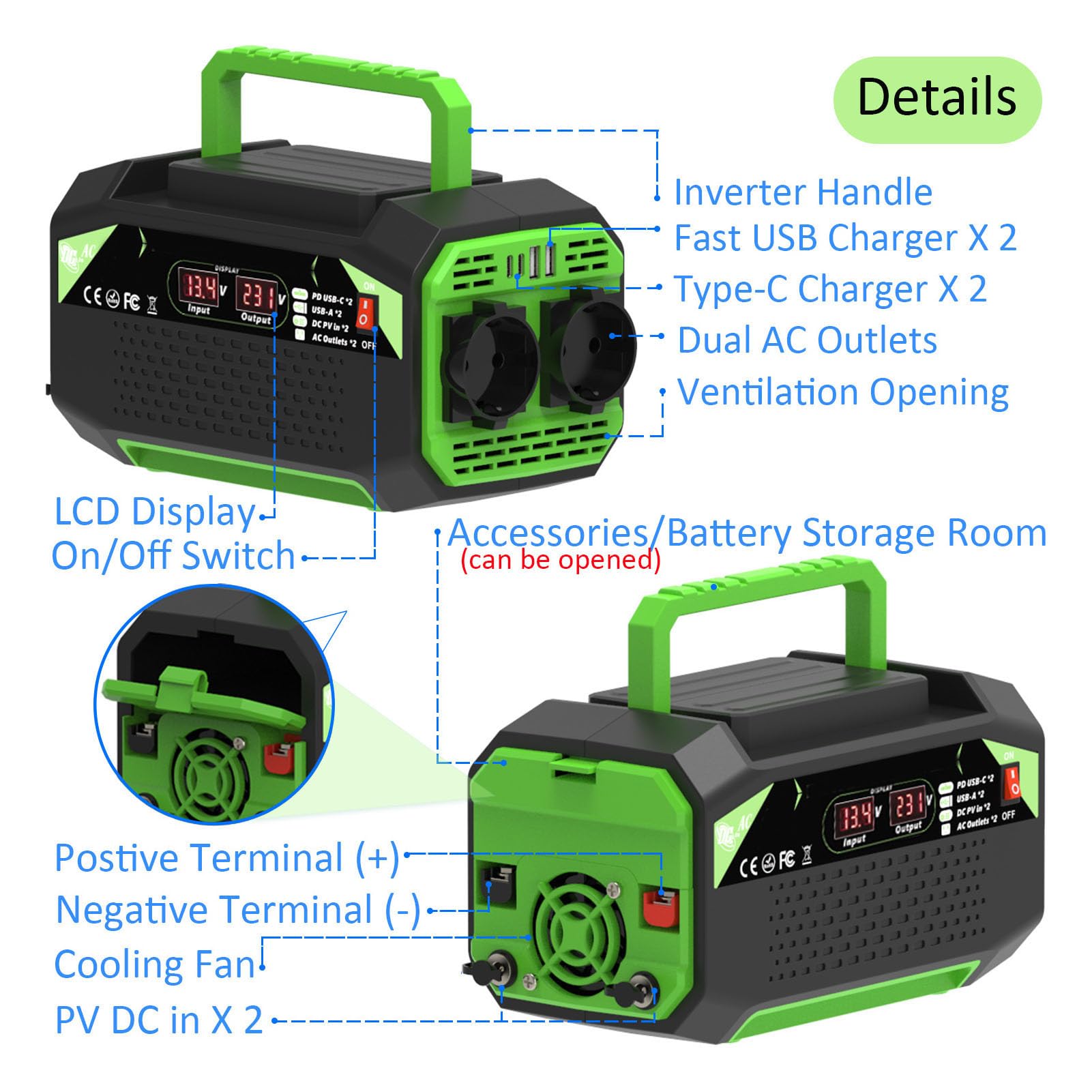 Wakects Falownik Samochodowy, Falownik Samochodowy ABS 500 W 12 V do 220 V AC Konwerter Zasilania z Wyświetlaczem, 2 Gniazda USB 2 Typu C, Szybkie ładowanie do Podróży Samochodem Kemping Laptop
