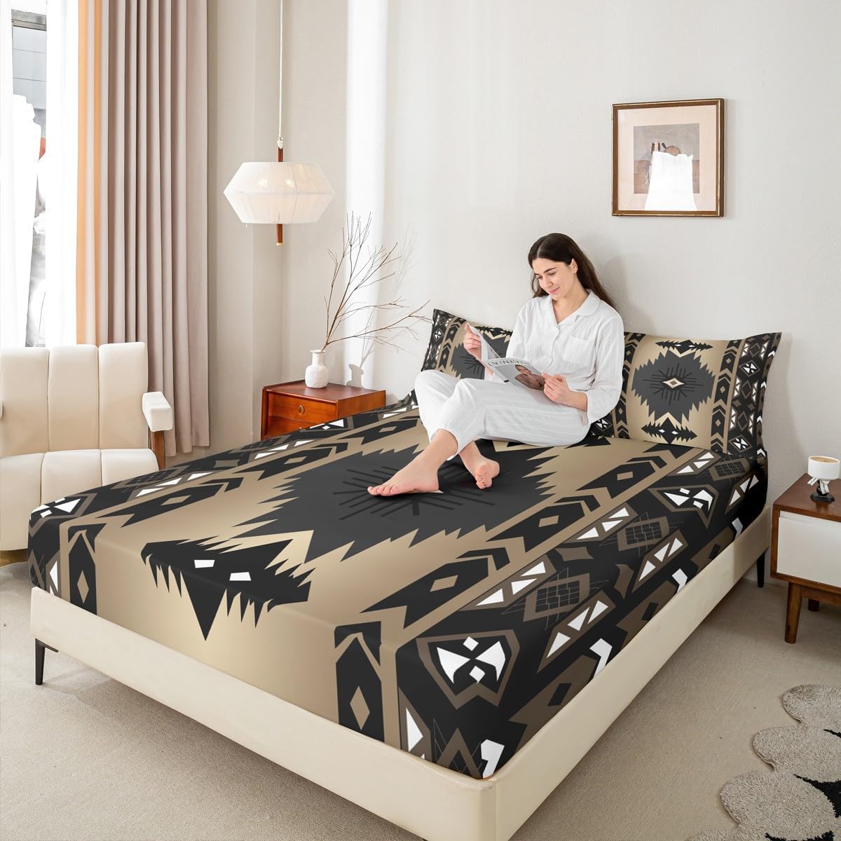 Western Fitted Sheet Boho Decor Aztec Full Size Bed Sheets, Ethnic Tribal Arrow Vintage Geometric Southwestern Triangle Diamond Bedding Set
