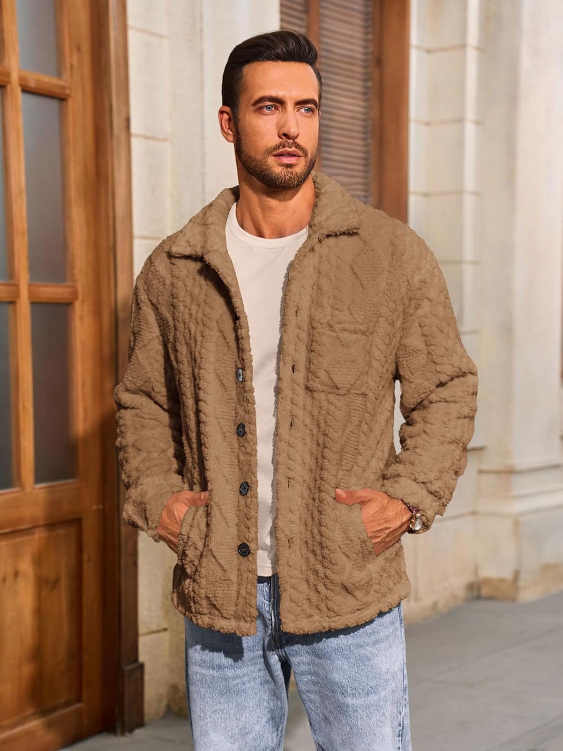 Yousify Mens Fuzzy Sherpa Jacket Fleece Casual Button Down Textured Coat Fall Winter Warm Outwear - Image 2