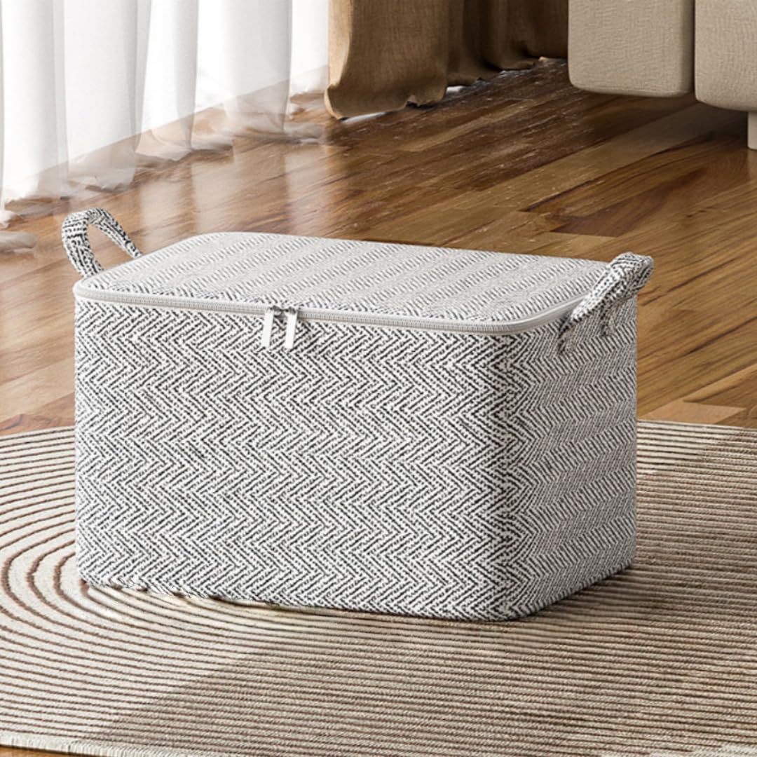 Photo 1 of 1 Pc Extra Large Foldable Storage Box With Lid, Space-Saving Fabric Collapsible Organizer Bin For Under-Bed And Closet Storage, Herringbone, 30L