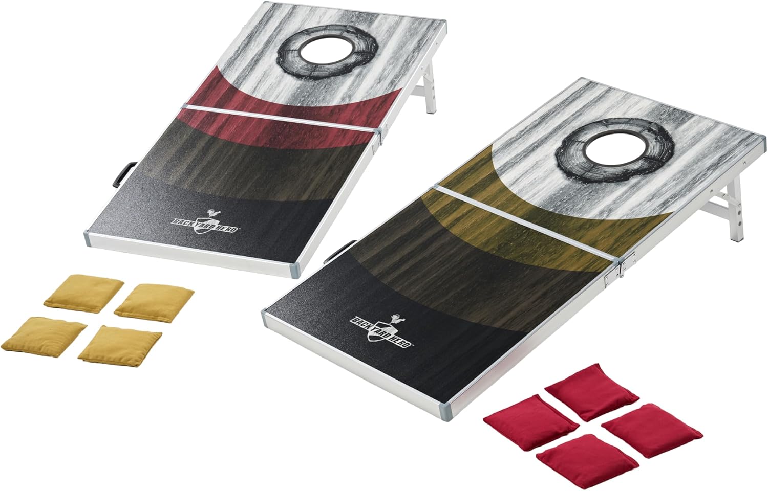 Backyard Hero 4 ft x 2 ft Cornhole Set with LED Light Up Ring, Aluminum Frame, Water Resistant Boards, 8 ACA Bean Bags, and Portable Folding Design