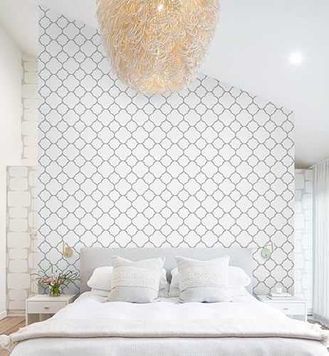 Miniatura 4 de Papel tapiz gris y blanco de 17.7 x 393.7 pulgadas, papel de contacto moderno enrejado, autoadhesivo, papel tapiz geométrico gris, extraíble,