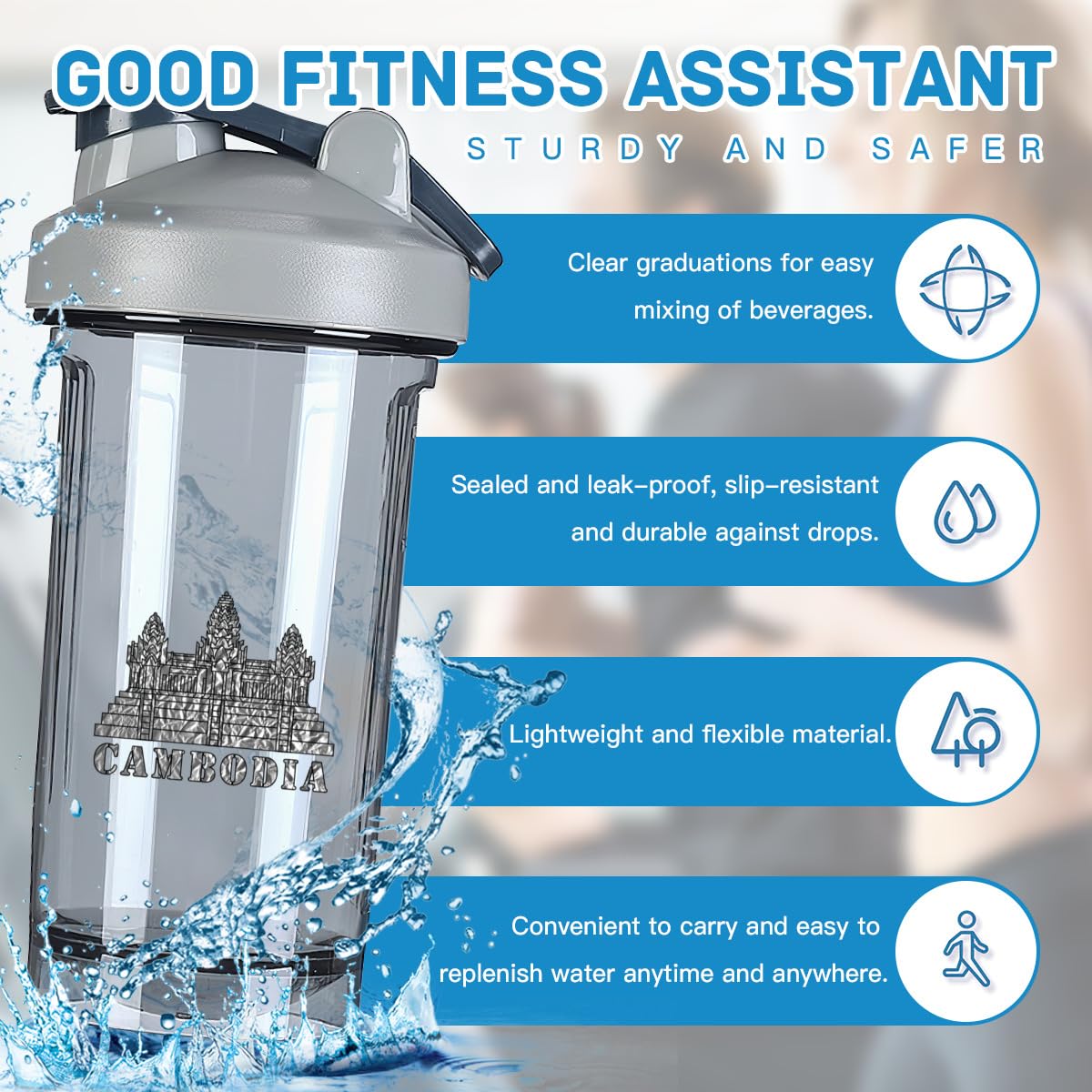 Cambodian Buddha Palace 6 18 Ounce Shaker Cup,Fashion Theme Pattern Shaker Bottle Leak-proof Workout Shake Bottles 500ML/18 oz Perfect for Pre Workout Gray 0
