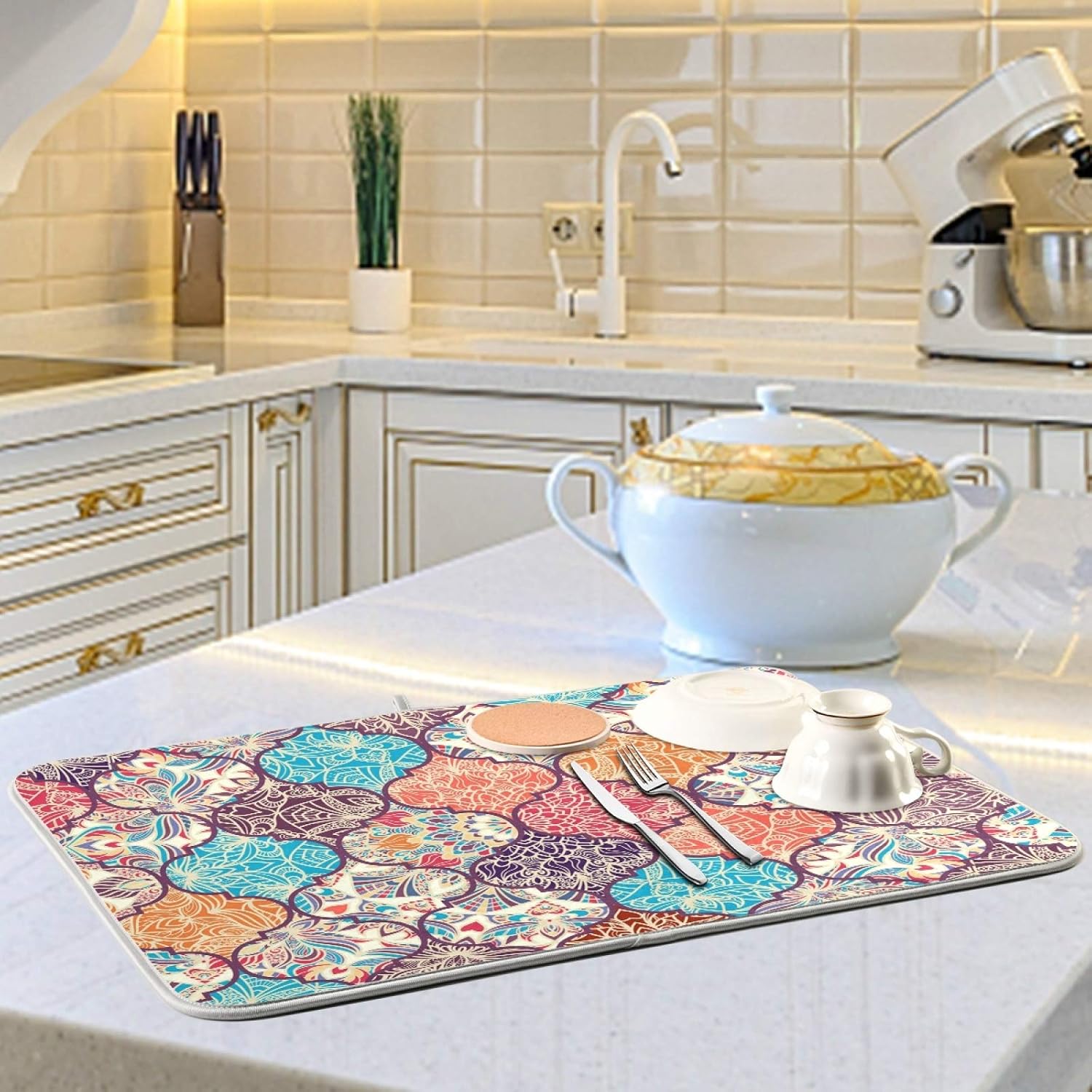 Dish Drying Mat for Kitchen Colorful Boho Moroccan Absorbent Heat Resistant Dishes Drainer Pad 18 x 24 Inch