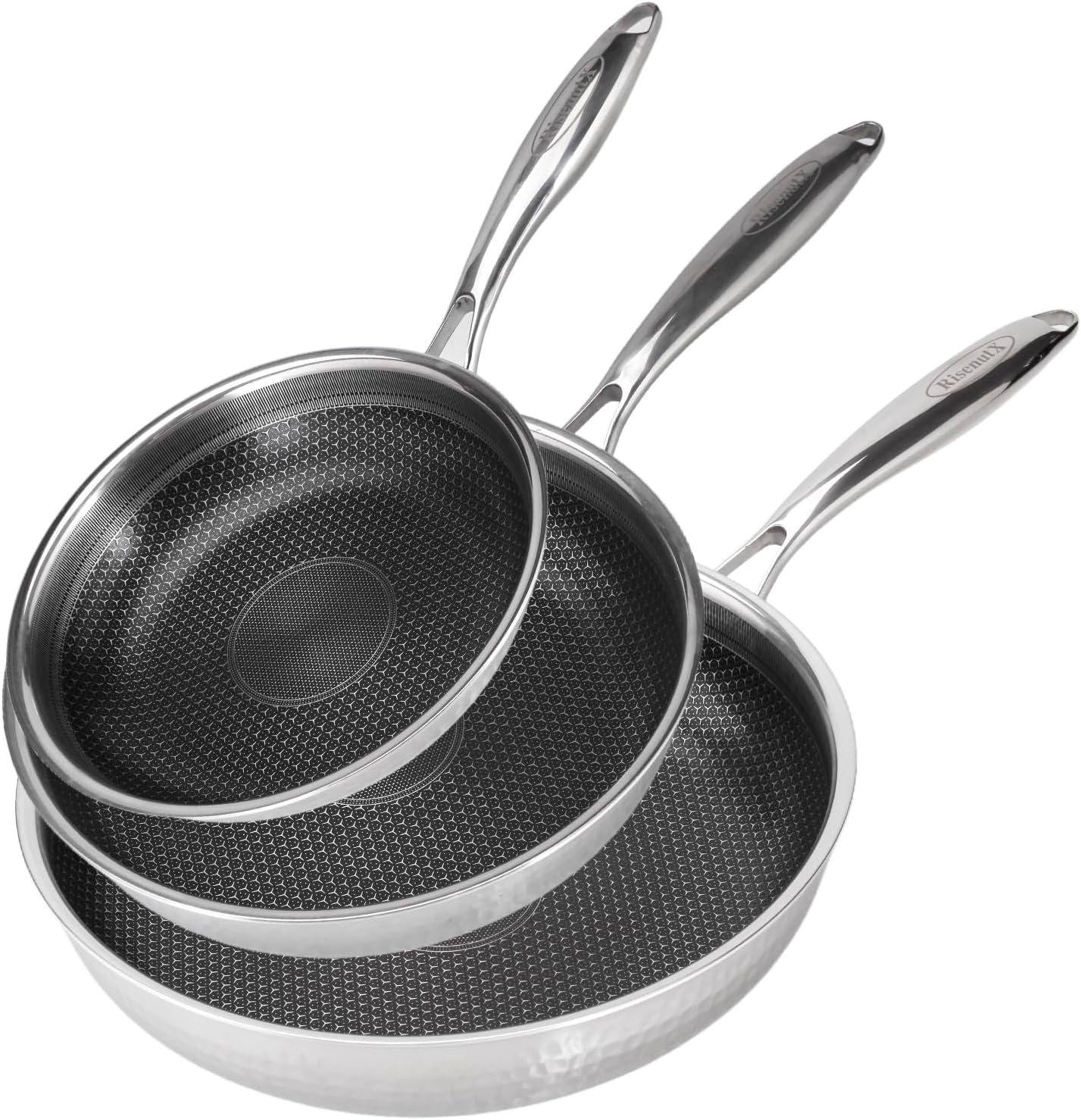 Hybrid 8 10 12 inch Stainless Steel Non Stick Skillet set,Frying Pans Nonstick, PFOA Free Cookware, Dishwasher and Oven Safe, Induction Compatible 8+10+12 inch