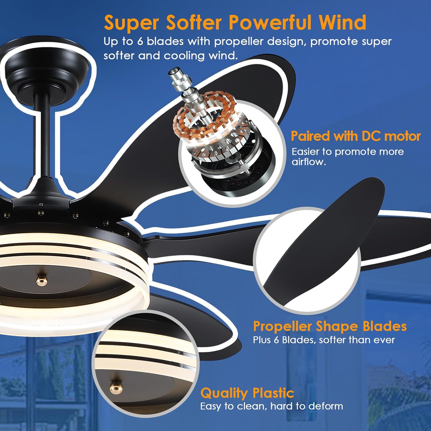 BayDay Ceiling Fans with Lights, Black Ceiling Fan with Light and Remote 3CCT Dimmable Light, 6 Blades, Reversible 6 Speeds Flush Mount Slope Ceiling Fan Modern Bedroom Living Room Indoor 51 inch - Image 3