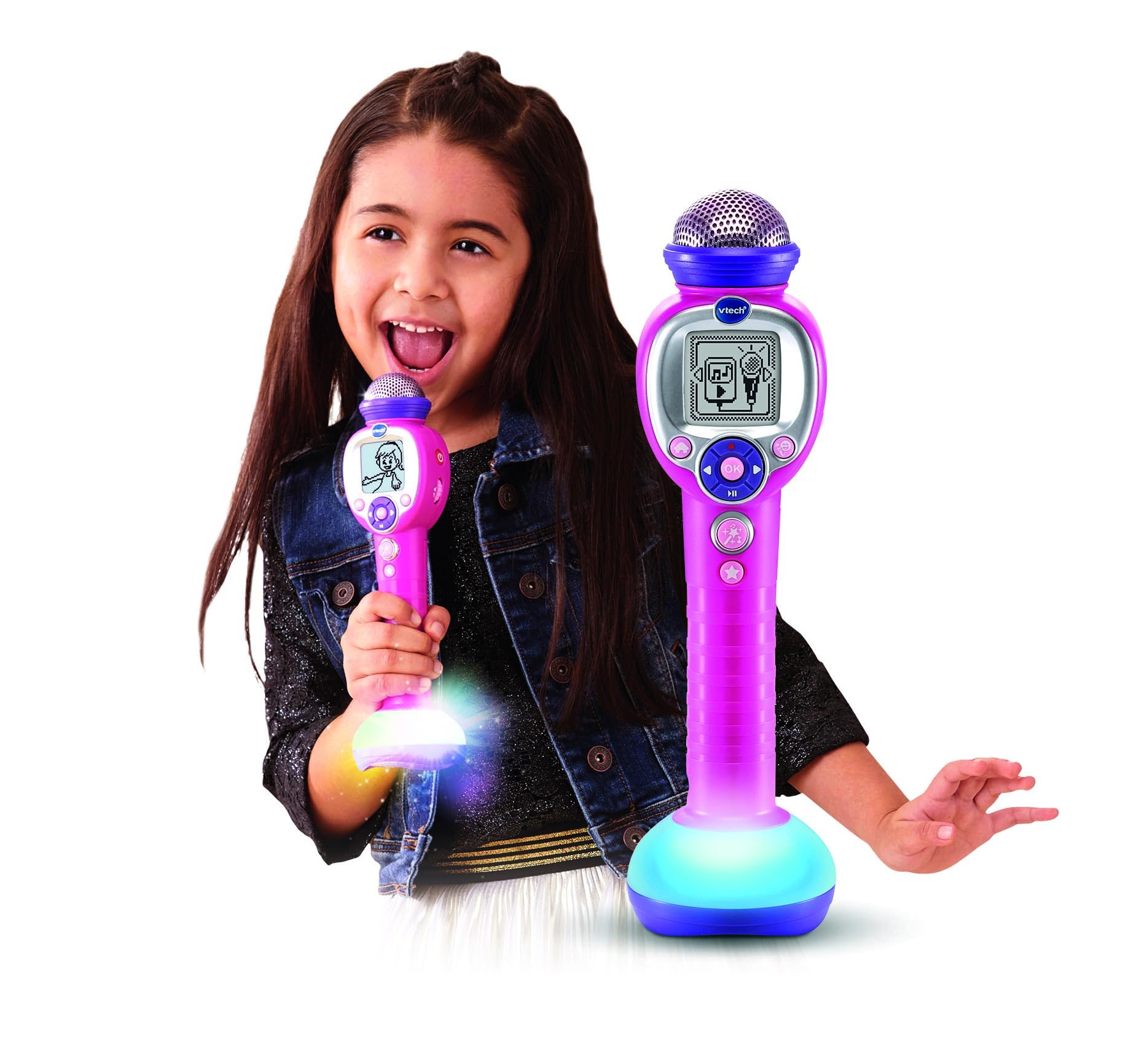 VTech Kidi SuperStar Moov, mikrofon do karaoke z technologią Magic Voice, efekty świetlne, nagrywanie głosu, gry interaktywne i animacje muzyczne, język włoski, baterie w zestawie, 6 lat