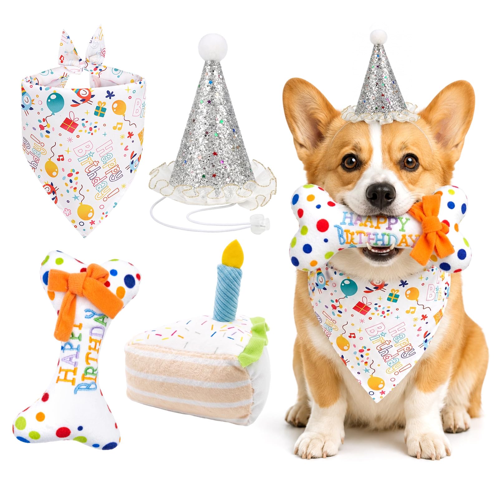 Wynlora 4Pcs Dog Birthday Present Set, Dogs Birthday Cake Toy Kit with Squeaky Bone Hat Bandana Cake Puppy Birthday Photo Props for Small Medium Pets Celebration