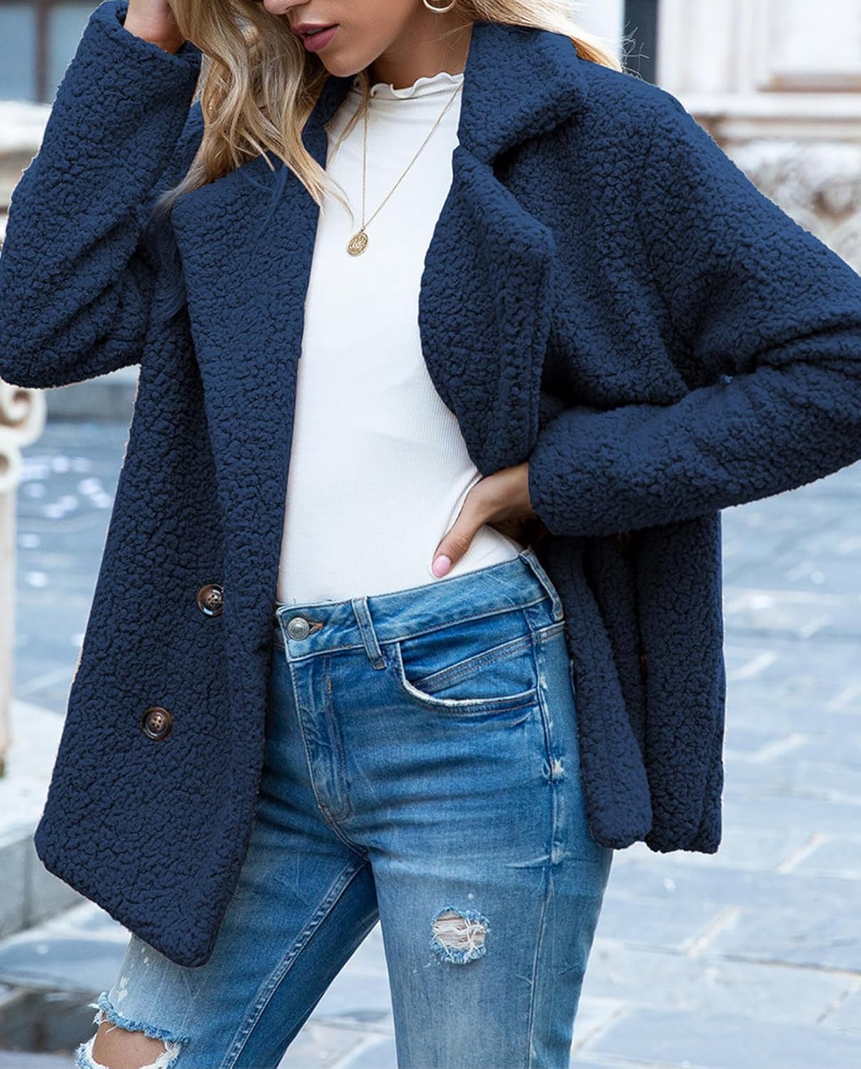 Women's Winter Warm Plush Cardigan Fuzzy Fleece Lapel Jacket with Buttons Pockets Long Sleeve Casual Outerwear - Image 4