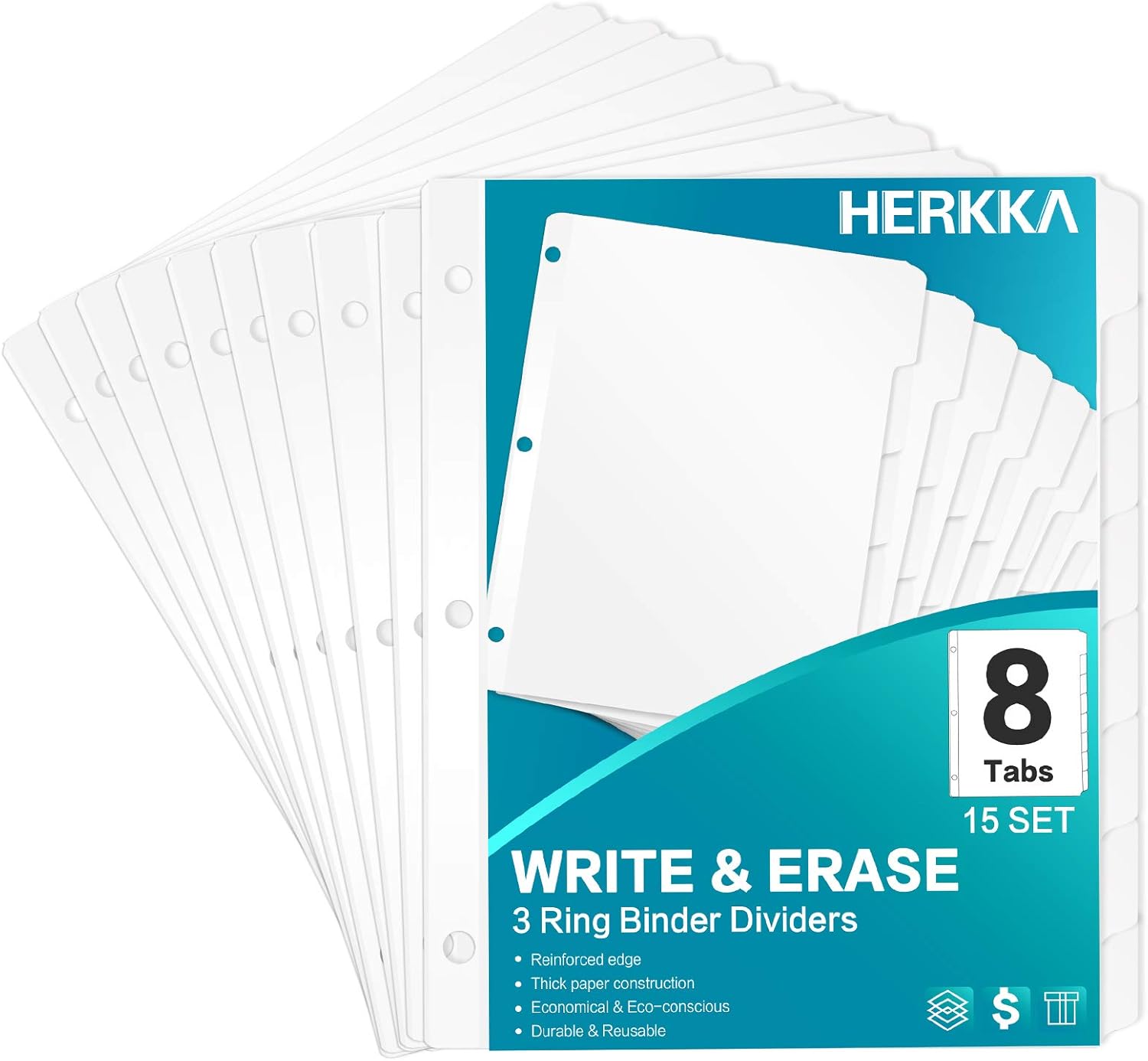 8-Tab Binder Dividers, HERKKA 3 Ring Binder Index Dividers with 8 Tabs, Letter Size, 3 Hole Punch Section Index Dividers for Binders, White, 15 Set : Office Products
