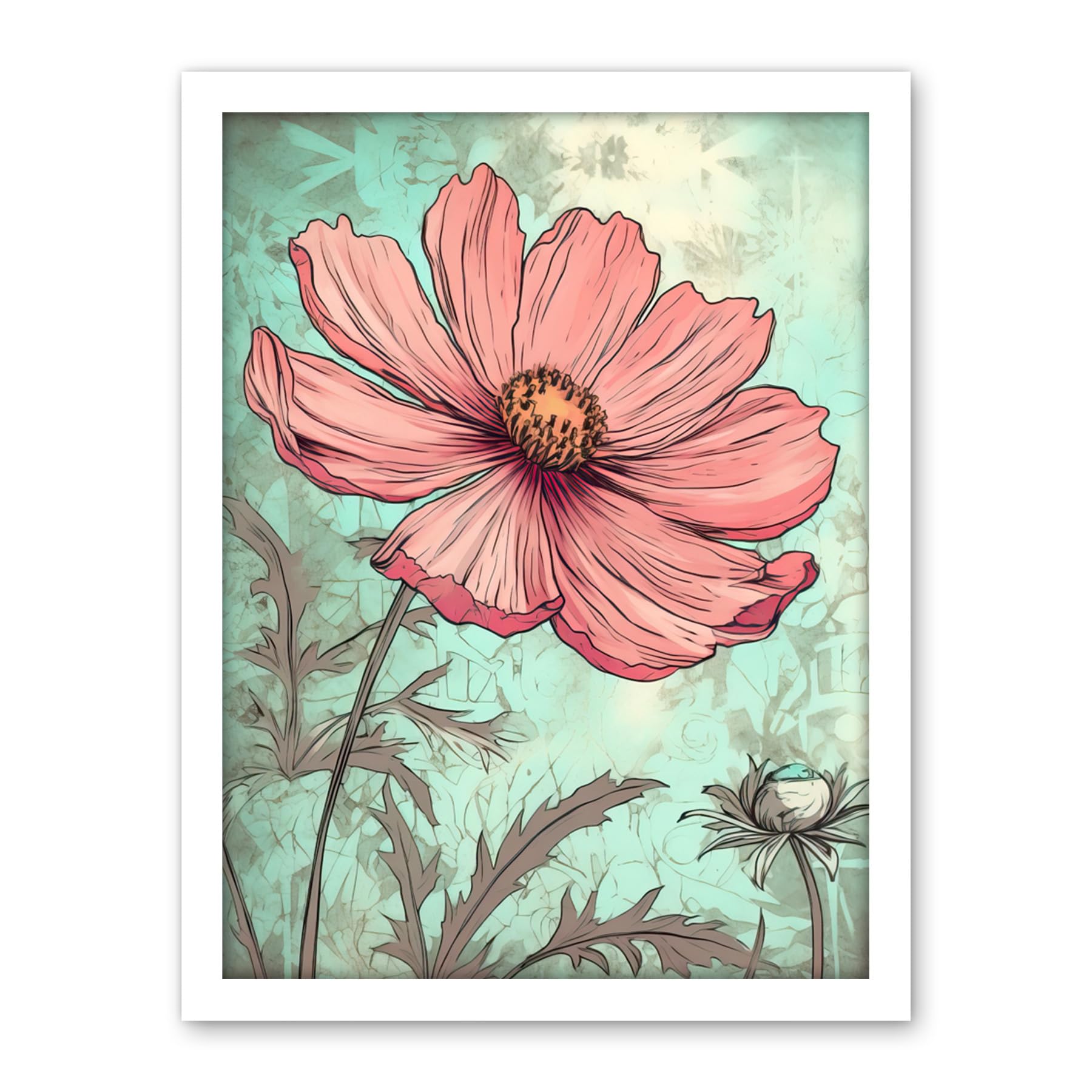 Artery8 Cosmos Flower Bloom Soft Pink and Teal Watercolour Artwork Framed Wall Art Print 18X24 Inch