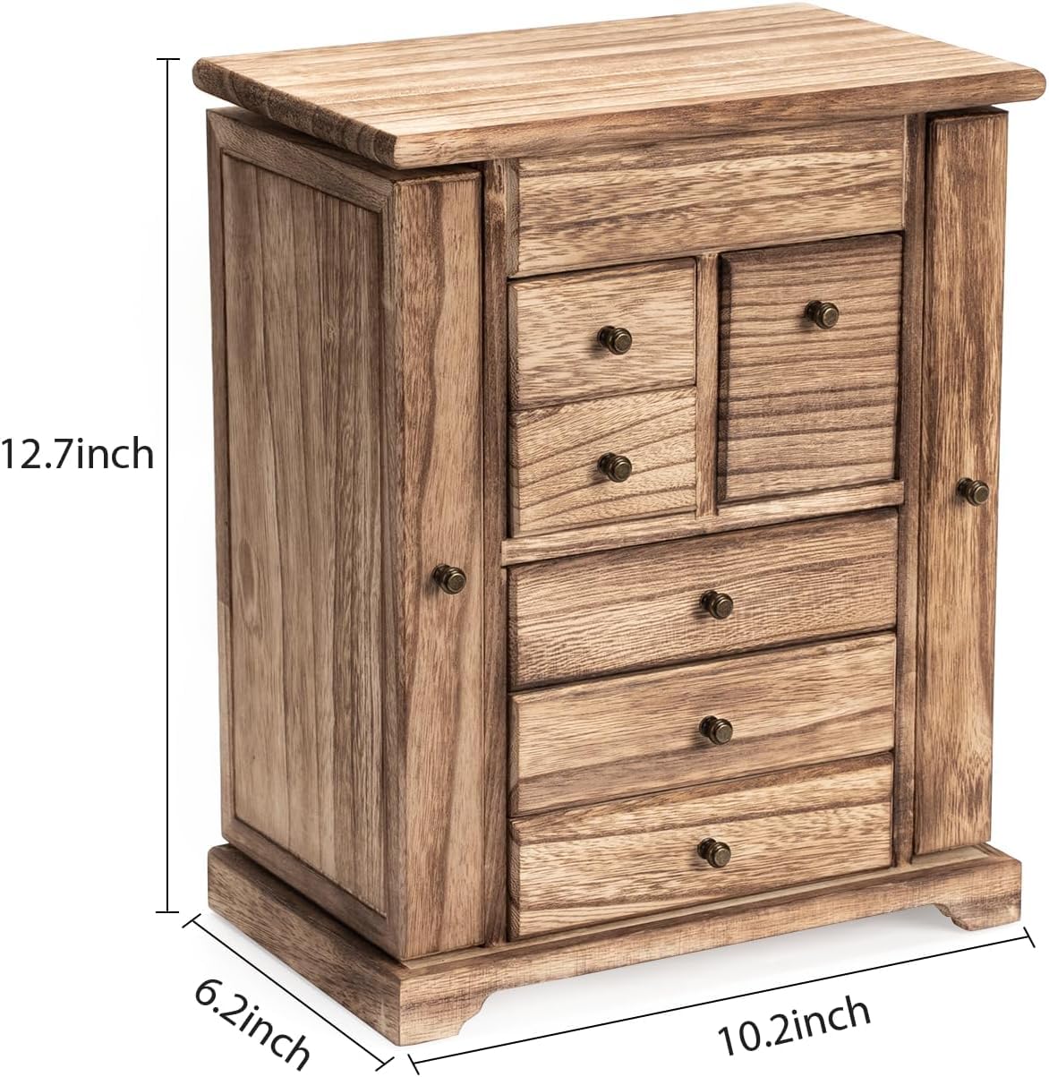 Schmuckkästchen 6 Ebenen, Schmuckaufbewahrung, Rustikales Holz Schmuckkasten 6 Schubladen mit Spiegel, Schmuck Organizer für Ringe, Ohrringe, Halsketten, Armbänder (Rustikal Braun)