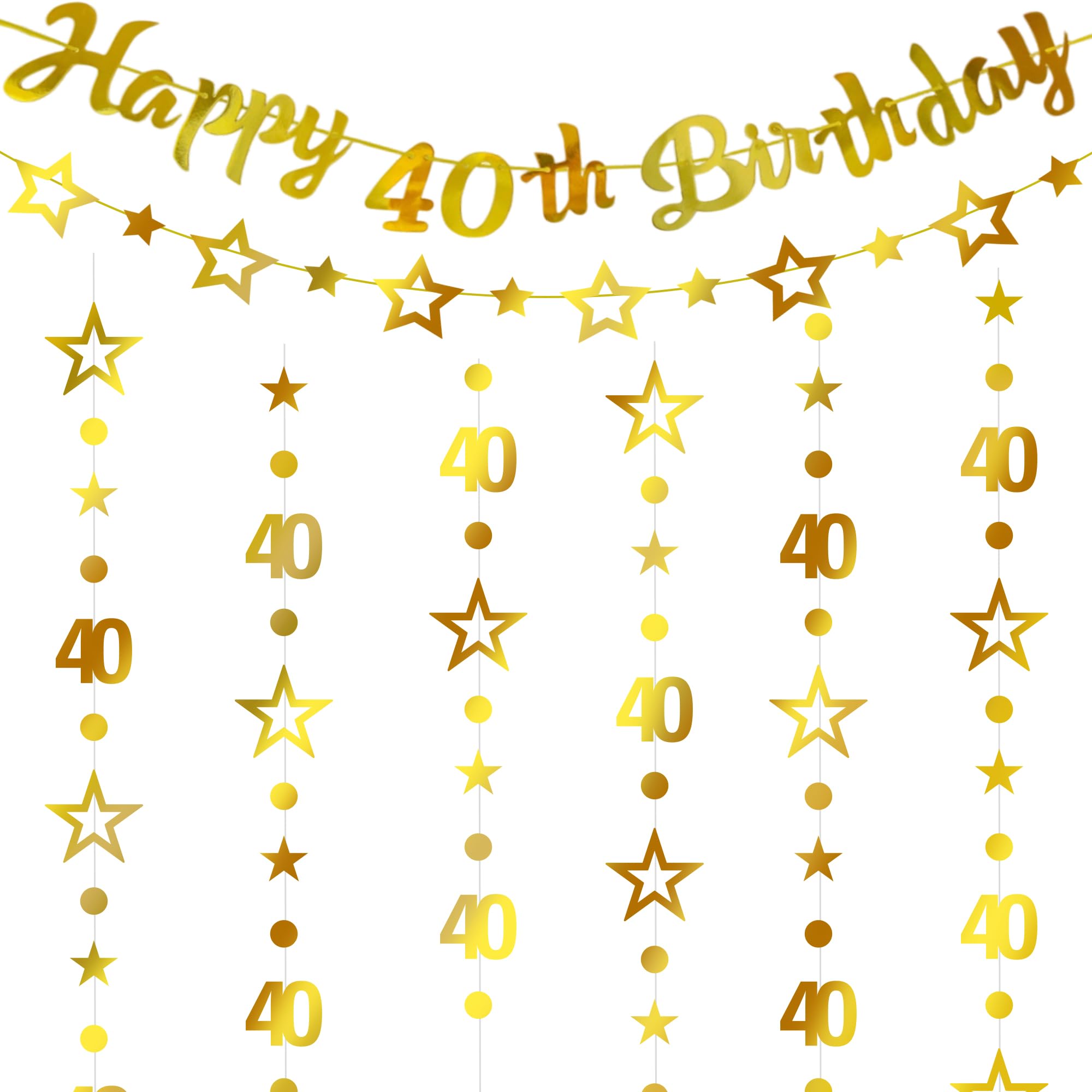 40th Birthday Decorations Gold Banner - 4 Pcs Gold Happy 40th Birthday Garland Banner Number 40 Circle Dot Twinkle Star Garland Hanging Streamer for Happy 40 Year Old Forty Anniversary Party Supplies