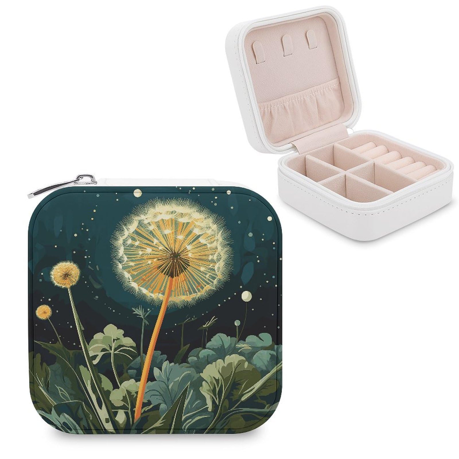 JTREHY Travel Dandelions at Night Jewelry Case Portable Display Storage Box PU Leather Mini Jewelry Travel Case Personalized Travel Jewelry Organizer Small Jewelry Box for Women