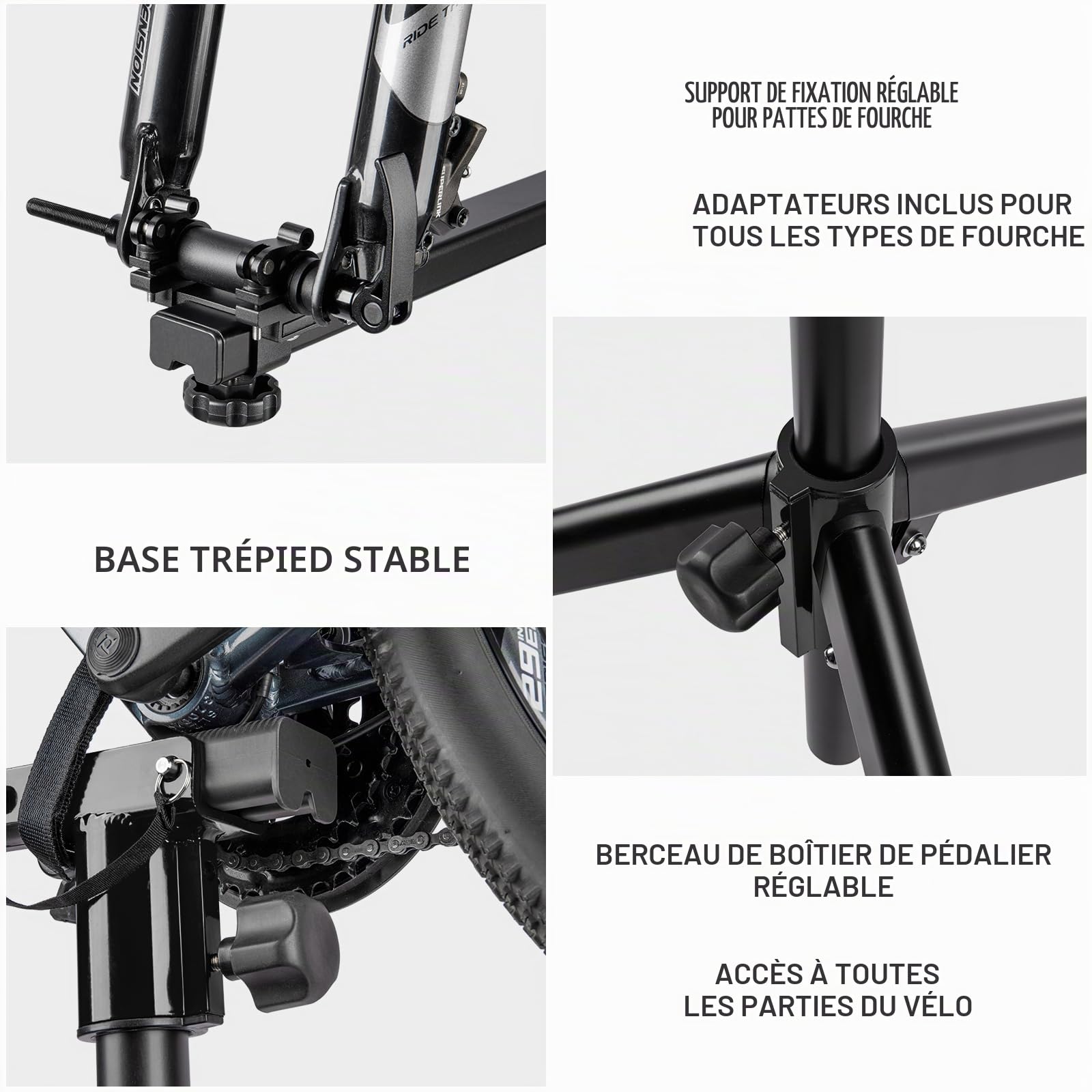 CXWXC Support de montage pour vélo - Support de réparation professionnel avec plateau à outils et compartiment magnétique (Noir)