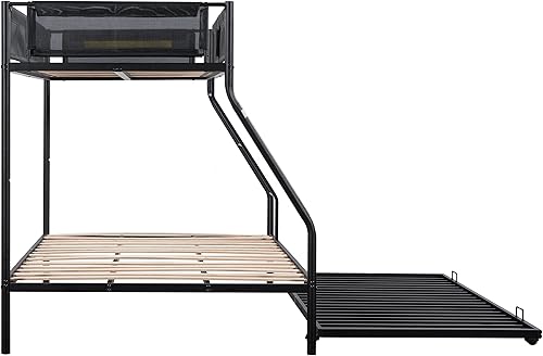 Miniatura 9 de Litera individual sobre tamaño matrimonial con marco de litera de metal nido con listones de madera y barandilla de textileno