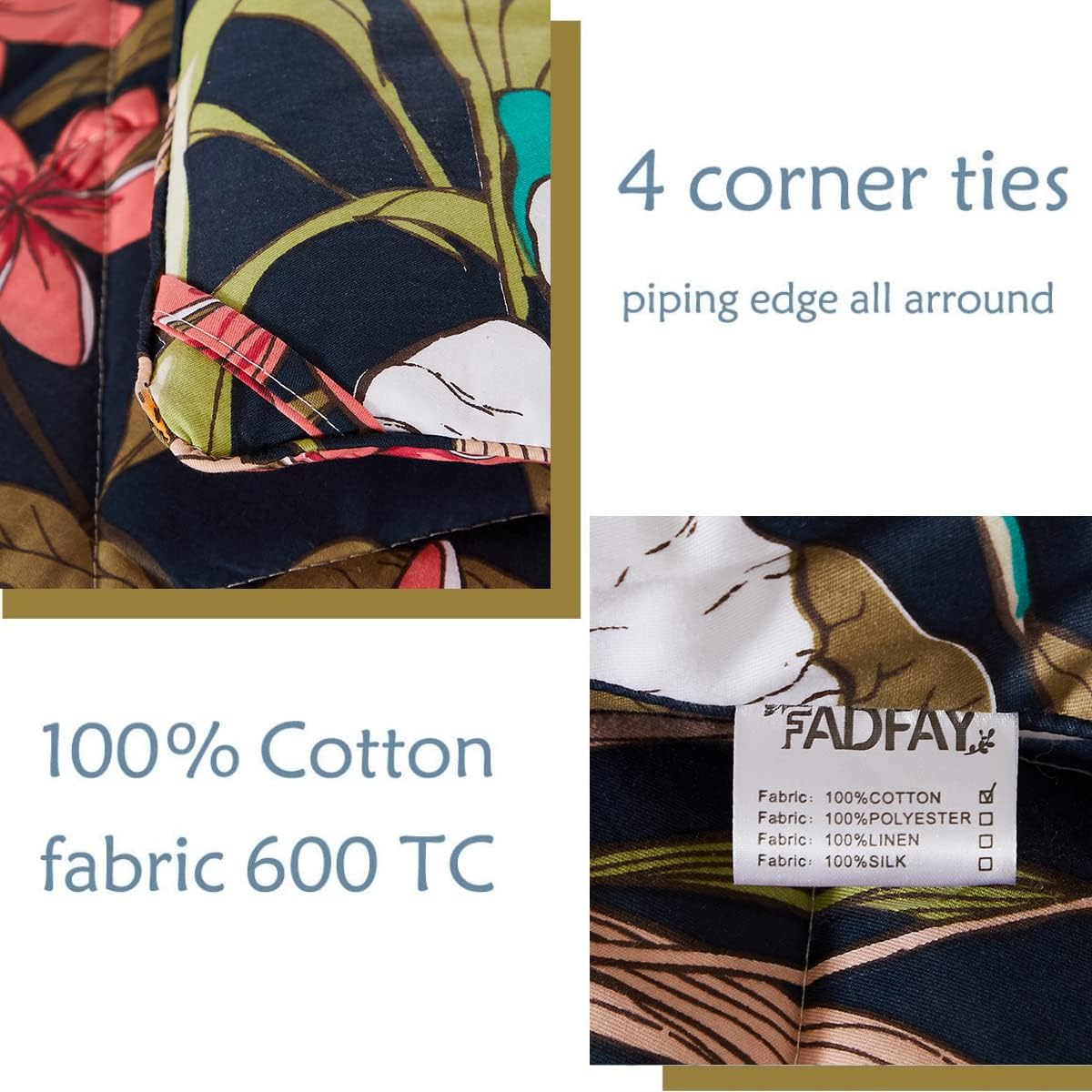 FADFAY Black Floral Comforter Set King Lightweight Colorful Flower Leaves Printed Summer Bedding- Cotton Soft Breathable All Season Quilted Comforter Set and 2 Pillowcases- 3 Piece, King
