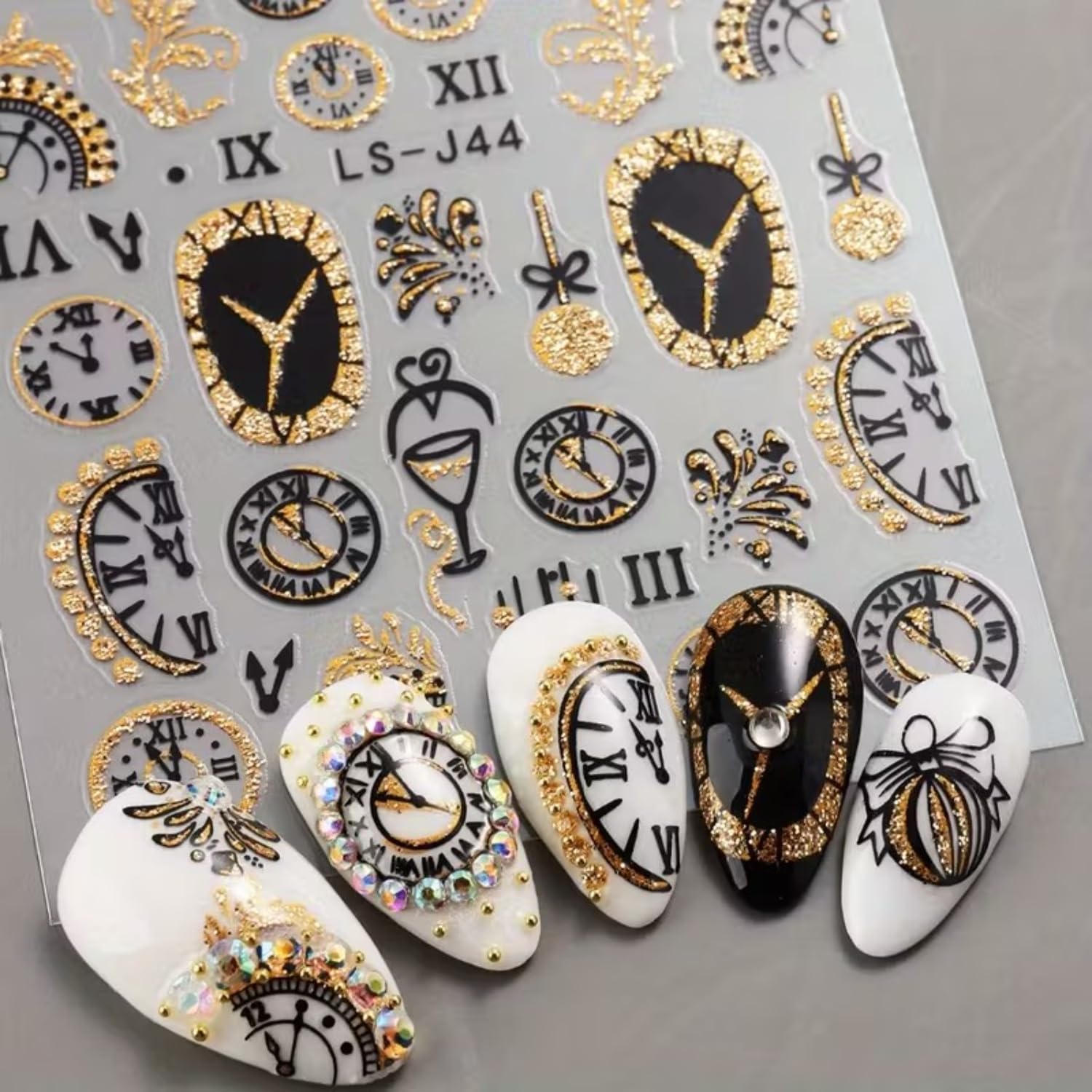 6PCS Clock Nail Art Stickers New Year Nail Decals 3D Self-Adhesive Gold Glitter Nail Stickers Clock Wine Glass Christmas Ball Fireworks Design Countdown Nails Supplies for Women Christmas Nails Decor image 5