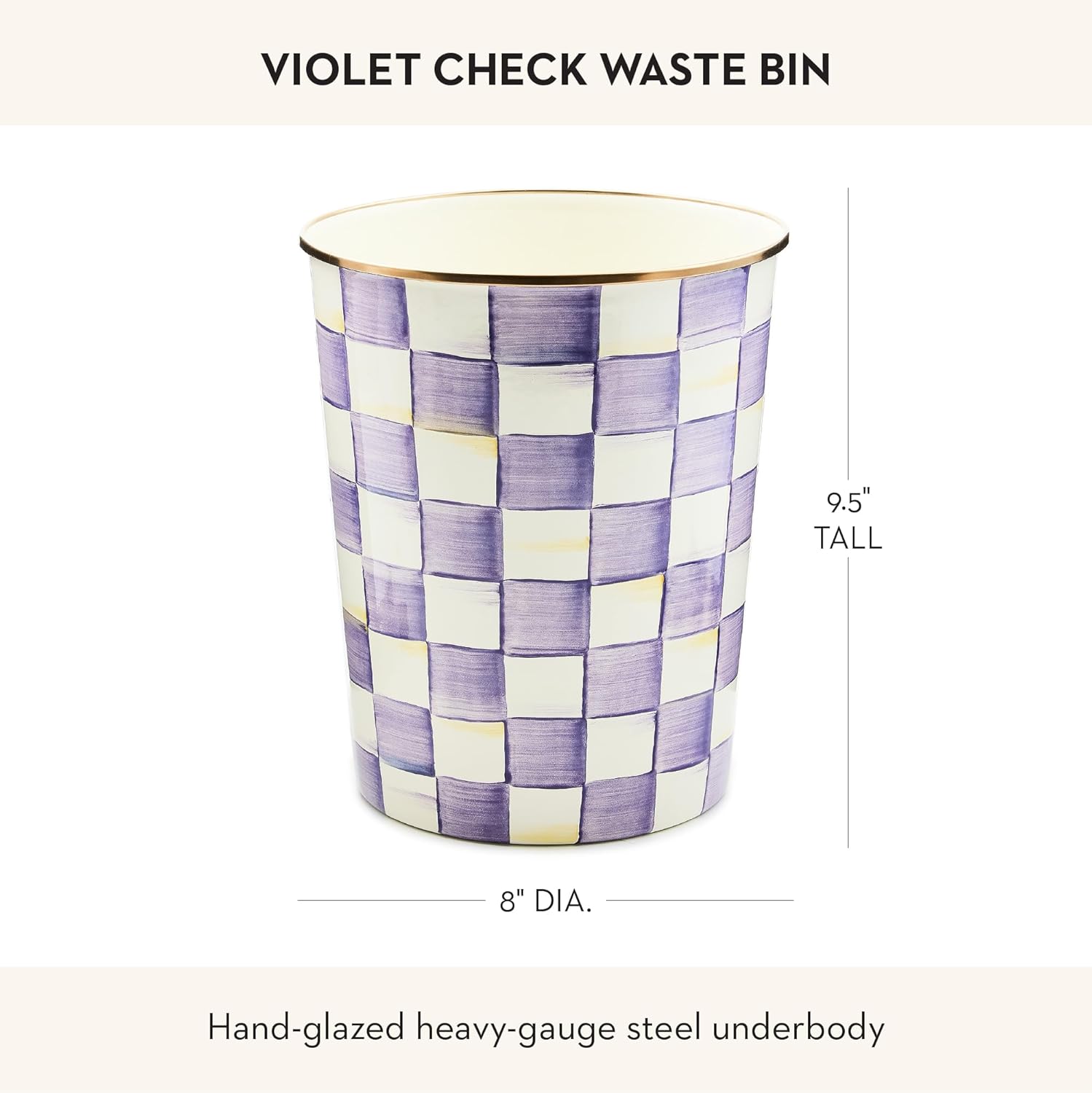 MACKENZIE-CHILDS Waste Bin, Decorative Bedroom or Bathroom Trash Can, Purple-and-White Violet Check