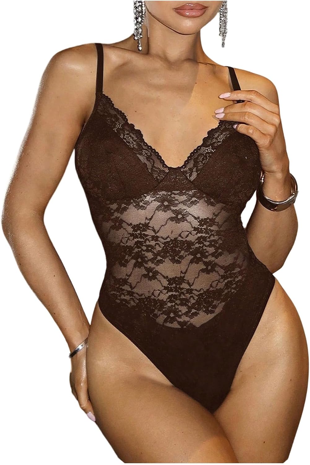 OYOANGLE Women's Floral Lace Cami Bodysuits Sleeveless Spaghetti Strap See Through Sheer Tank Top