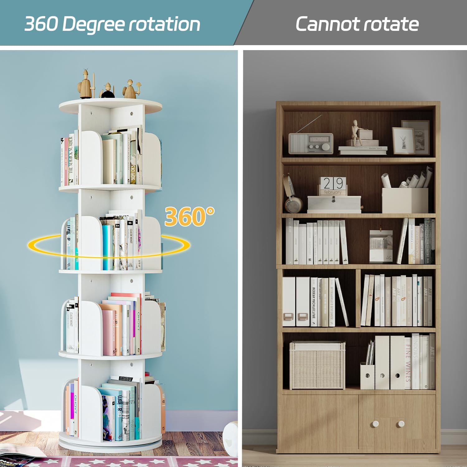 EasyCom Rotating Bookshelf with Metal Frame, 360 Display Wood Revolving Bookcase, 4-Tier Corner Bookshelf with Storage, Floor Standing Spinning Bookshelf for Living Room, Office, White