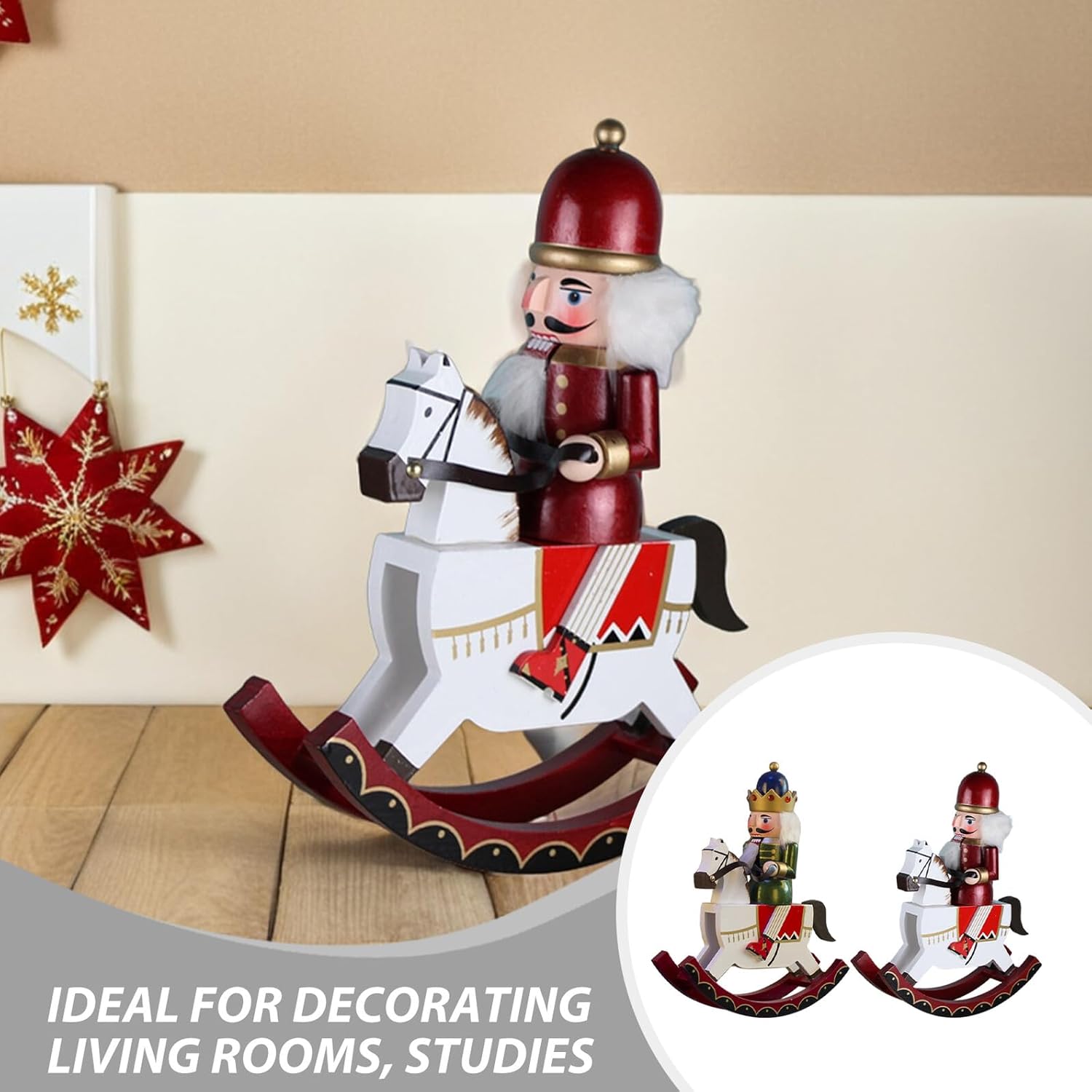 Zerodeko 2pcs Christmas Nutcracker Figurines Wooden Rocking Horse and Soldier Puppets Xmas Table Fireplace Decorations