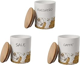Set of 3 Decorated Storage Canisters, Tris Salt Sugar Coffee, Round Ceramic, with Wooden Lid, Shabby Style (1, Round Lux)