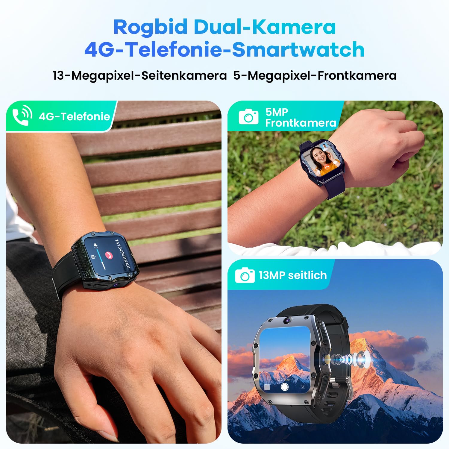Rogbid 4G LTE Smartwatches, telefon dla mężczyzn, rozmowy i SMS-y, podwójny aparat 13 MP + 8 MP, wszystkie ceramiczne smartwatchy z gniazdem na kartę SIM, GPS, tętno, tlenek (czarny ceramiczny 128 GB)
