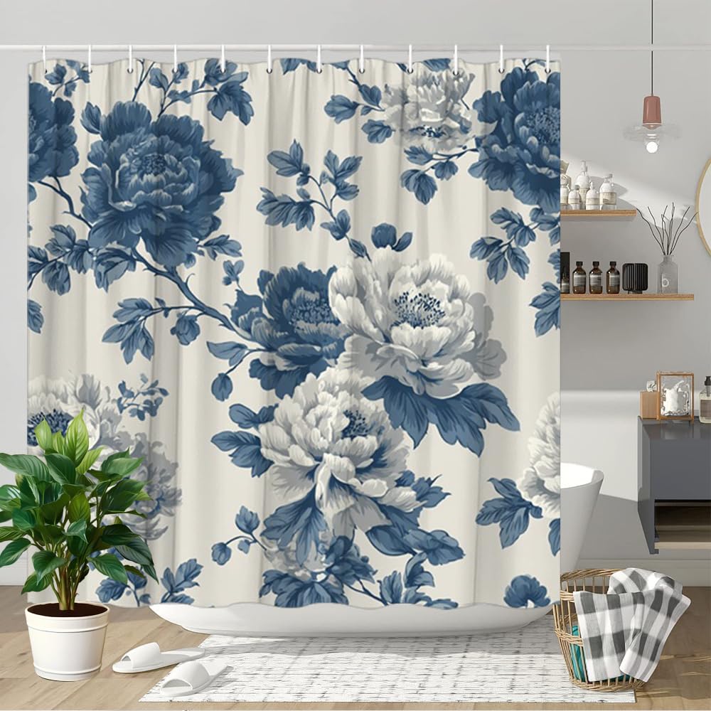 Décoration salle de bain pivoine bleu marine blanc 137x203cm au design textile