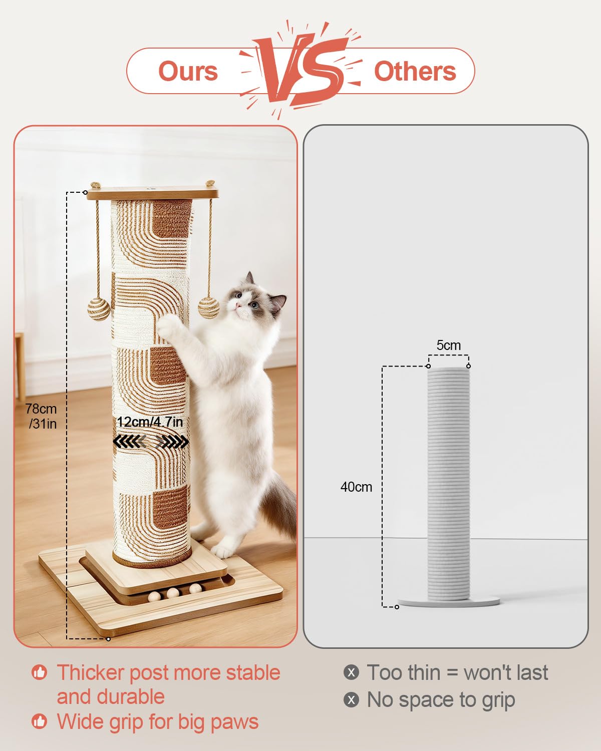 Odoland Kratzbaum 78cm hoch Kratzsäule für Katzen mit Plattformen Katzenspielzeug, Stabil Sisal Kratzstamm für große Katzen Wohnungskatzen, Braun
