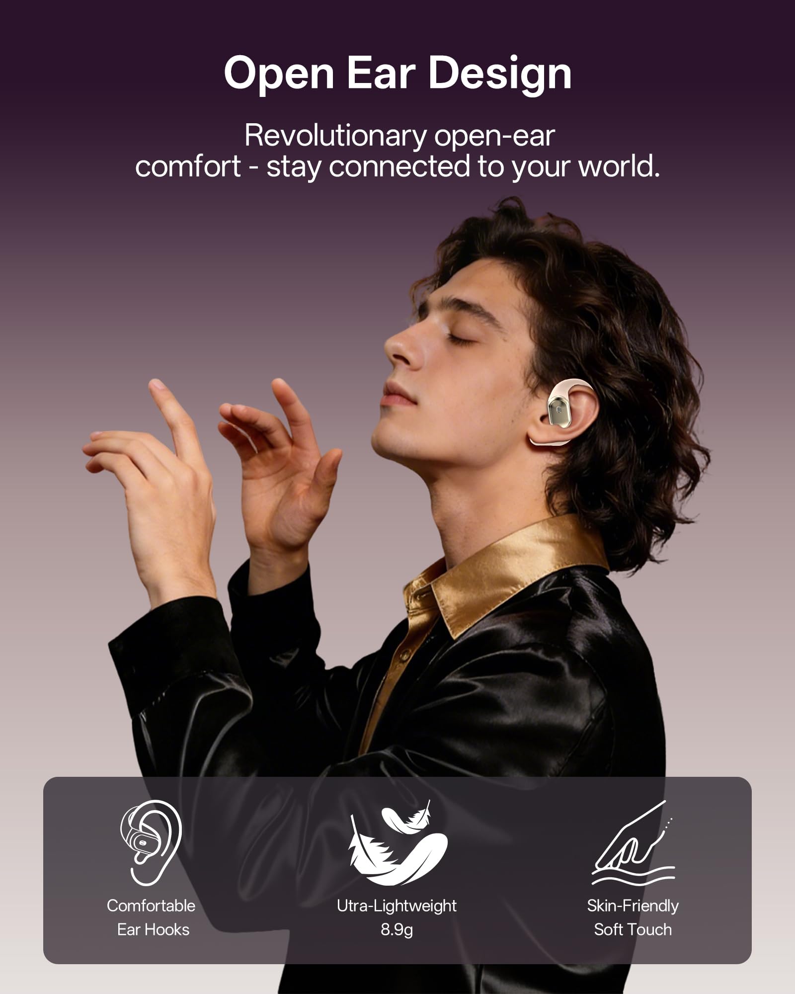 Cuffie aperte con ganci per le orecchie, auricolari wireless Bluetooth 6.0 con microfono, suono stereo, ultra-confortevoli, 60 ore di autonomia, auricolari impermeabili IPX7 per corsa e