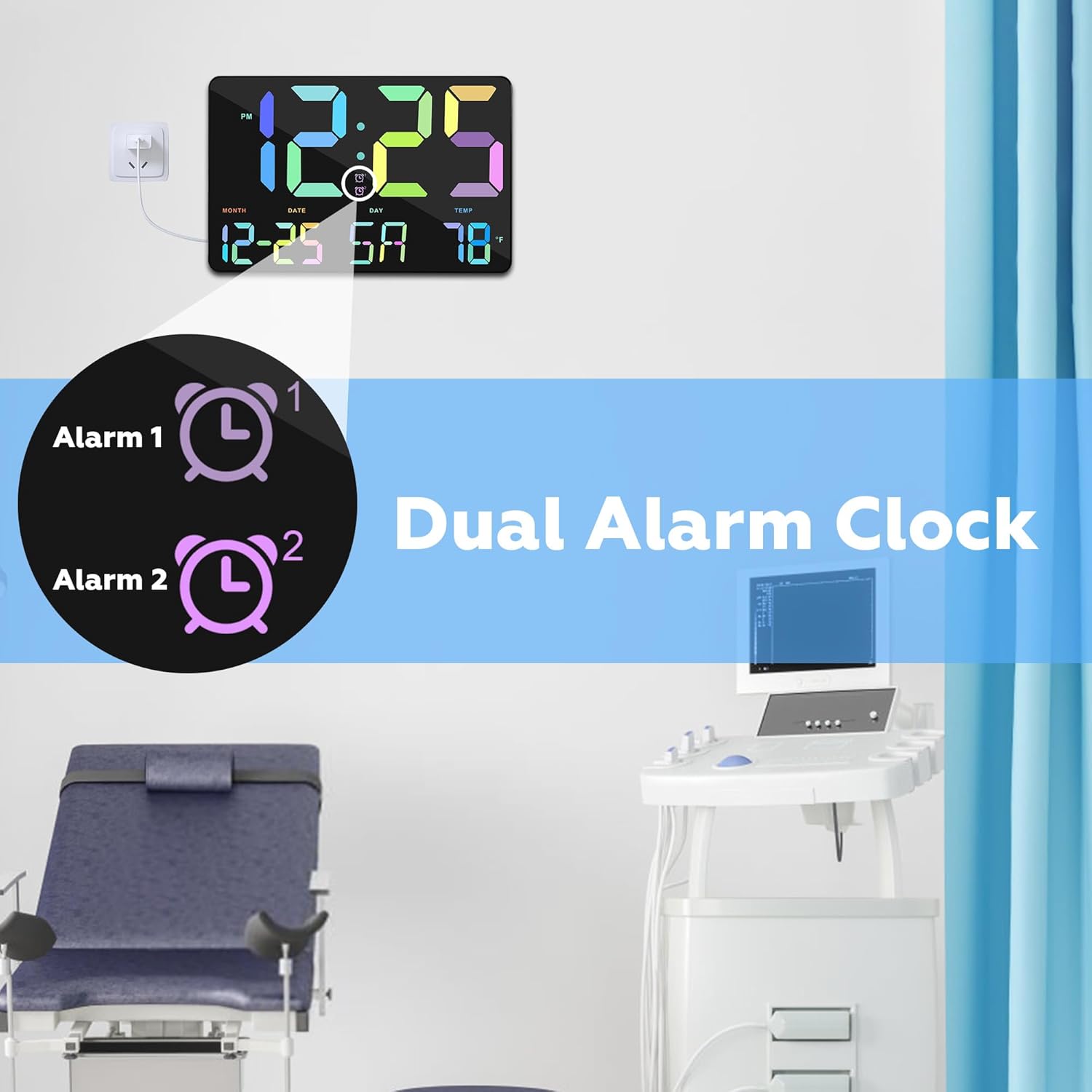 Amgico RGB Digital Alarm Clock with Snooze,Temperature,Auto Dimming,11.5" Large Display Calendar,Desk/Wall Clock for Bedroom,Living Room,Office,Home,Classroom,Kids,Elderly-Black